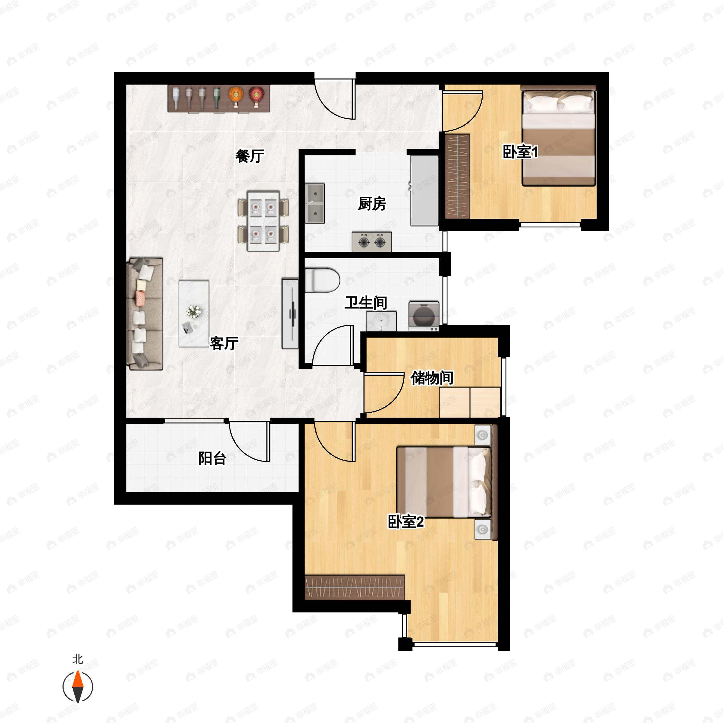 2室2厅1卫建面90平户型图