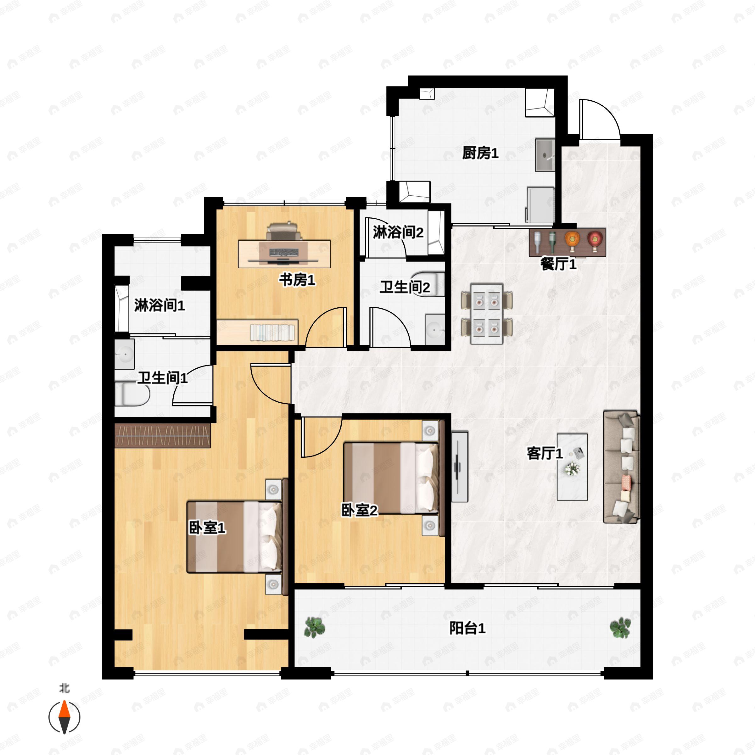 3室2厅2卫建面99平南户型图