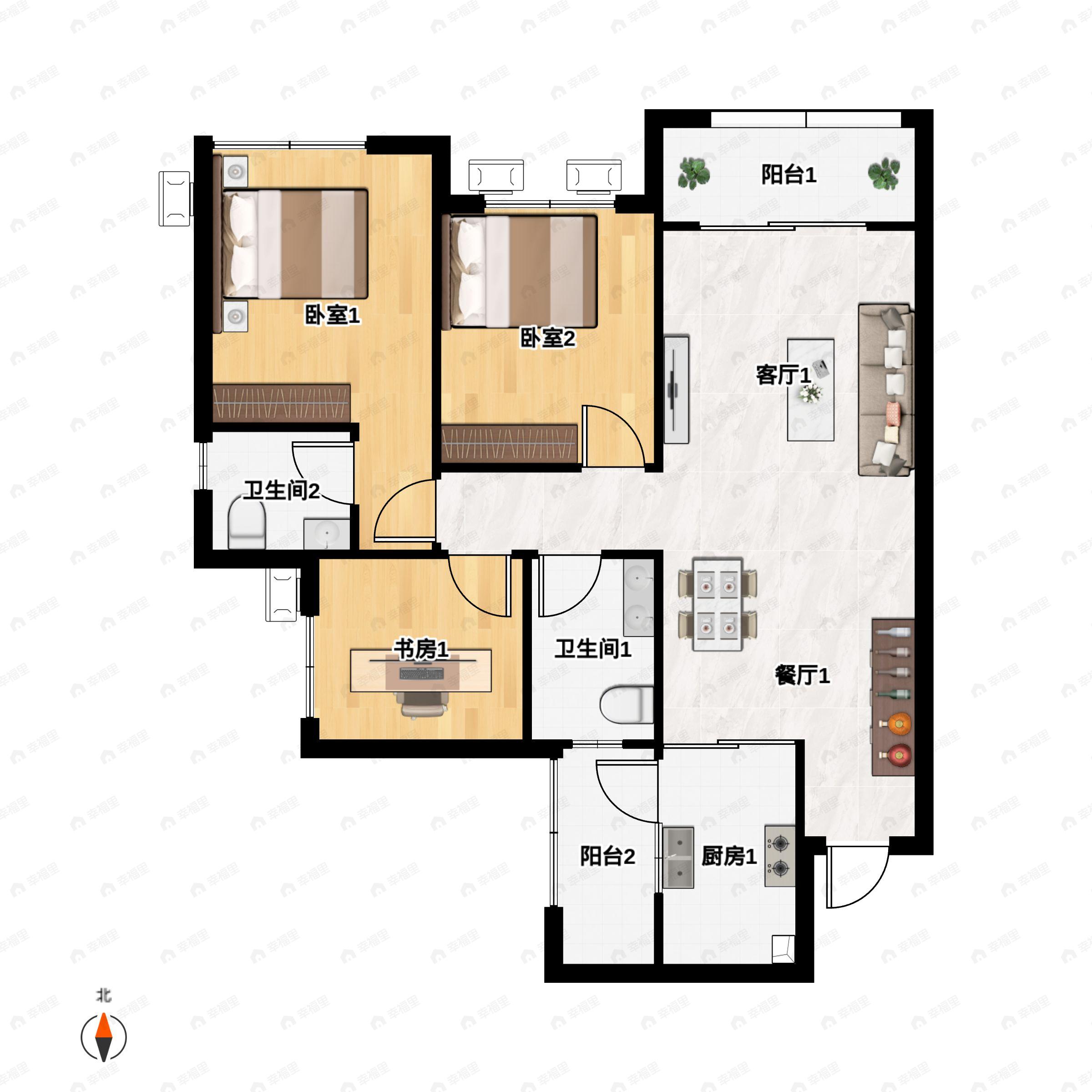 2室2厅2卫建面95平户型图