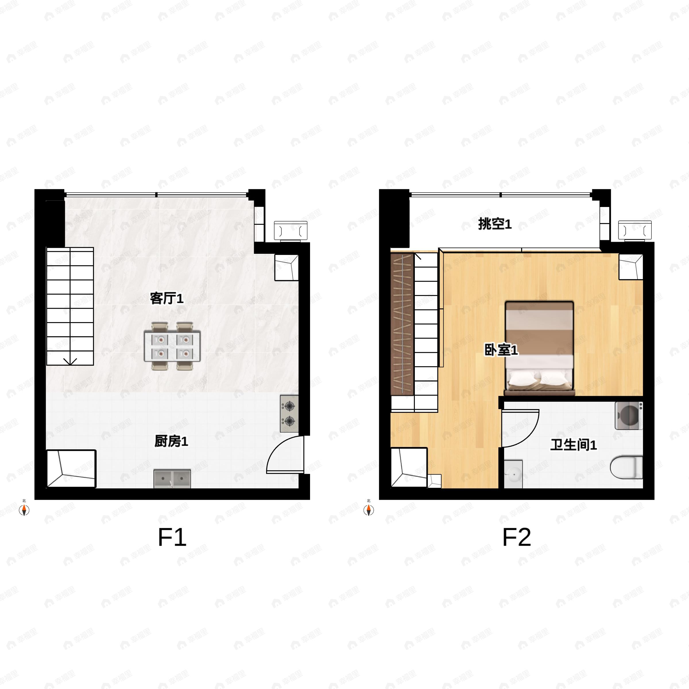 1室2厅1卫建面33平南户型图