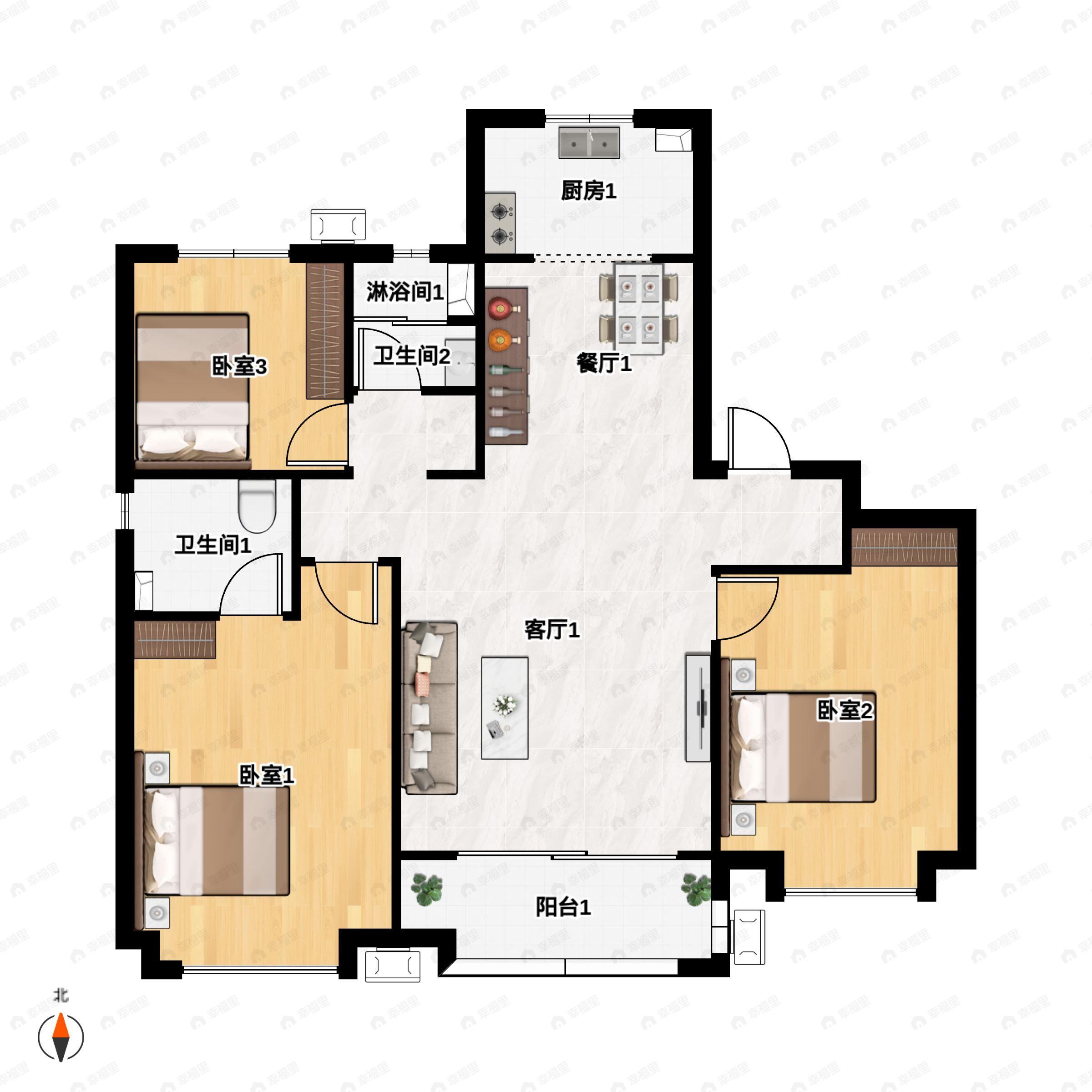 3室2厅2卫建面129m²北|南户型图