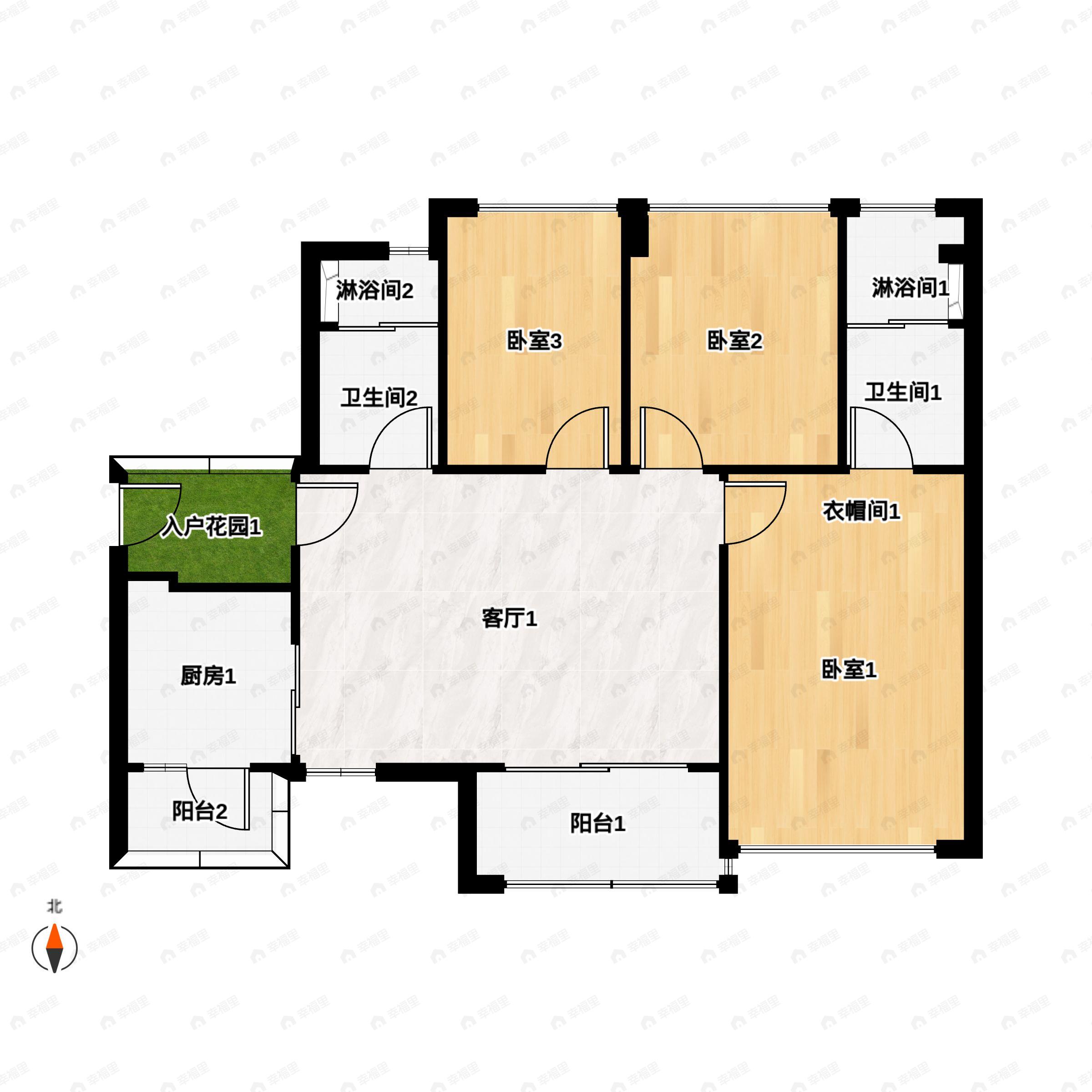 3室2厅2卫建面105平南户型图