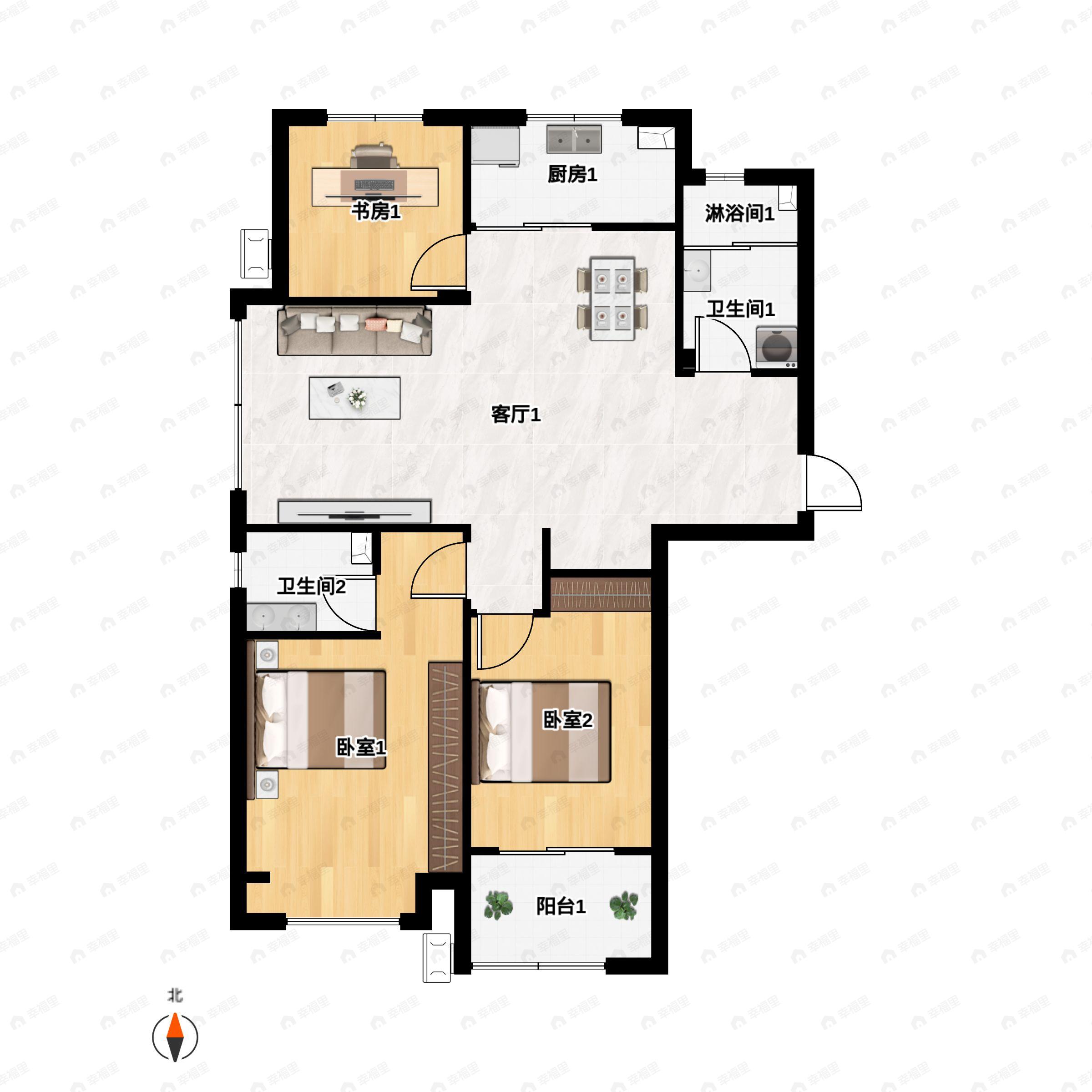 3室2厅2卫建面132平南户型图