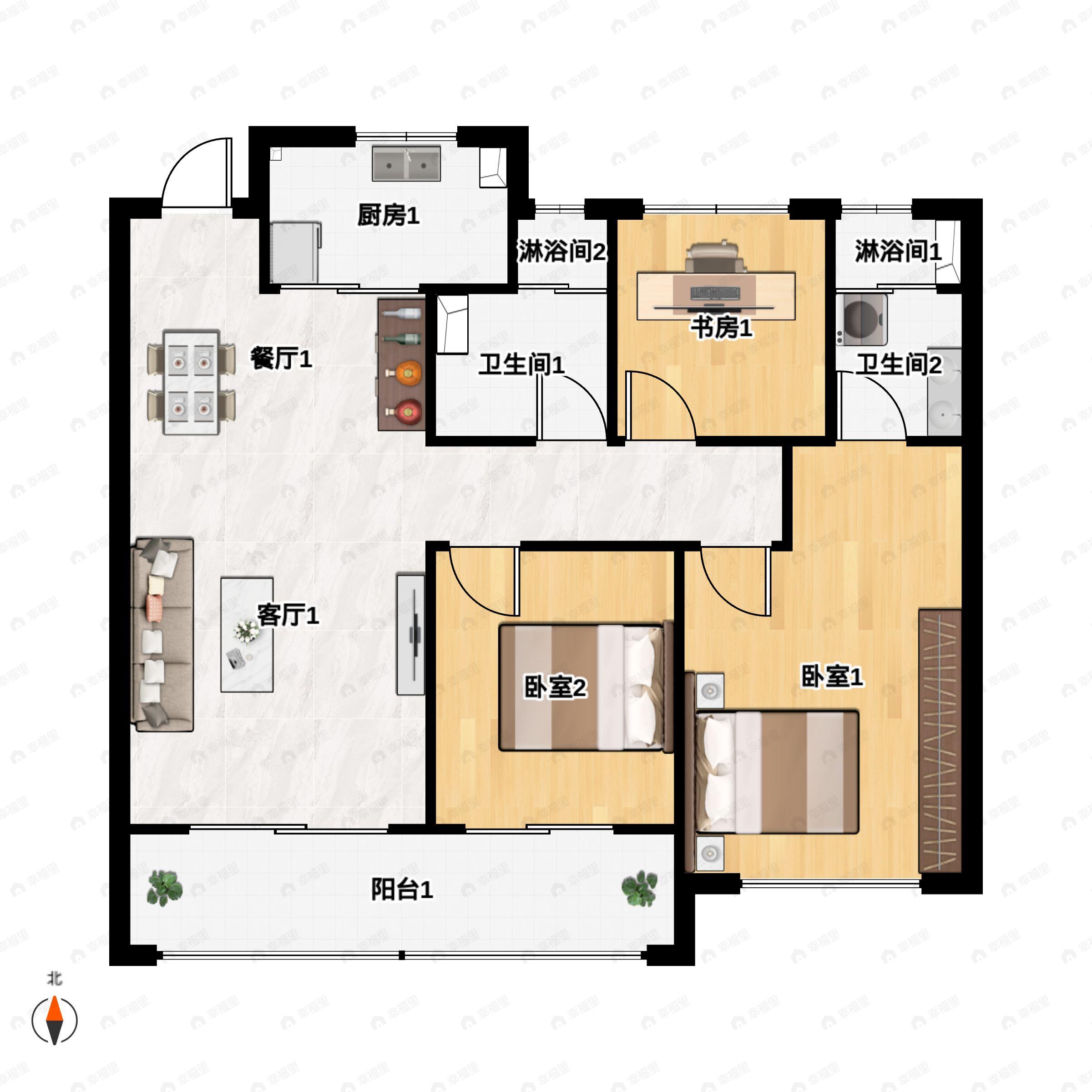 3室2厅2卫建面108m²南户型图
