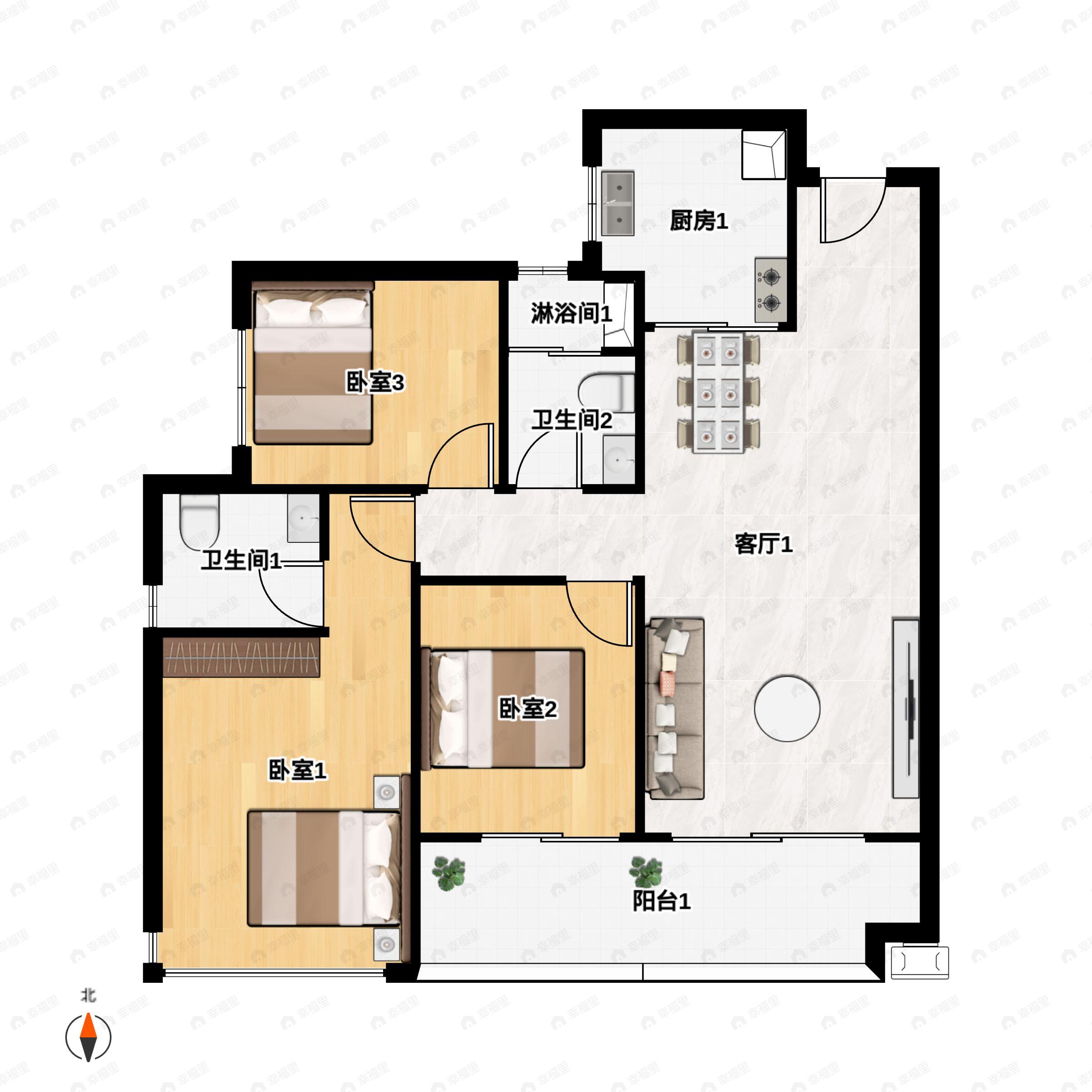 3室2厅2卫建面99平户型图