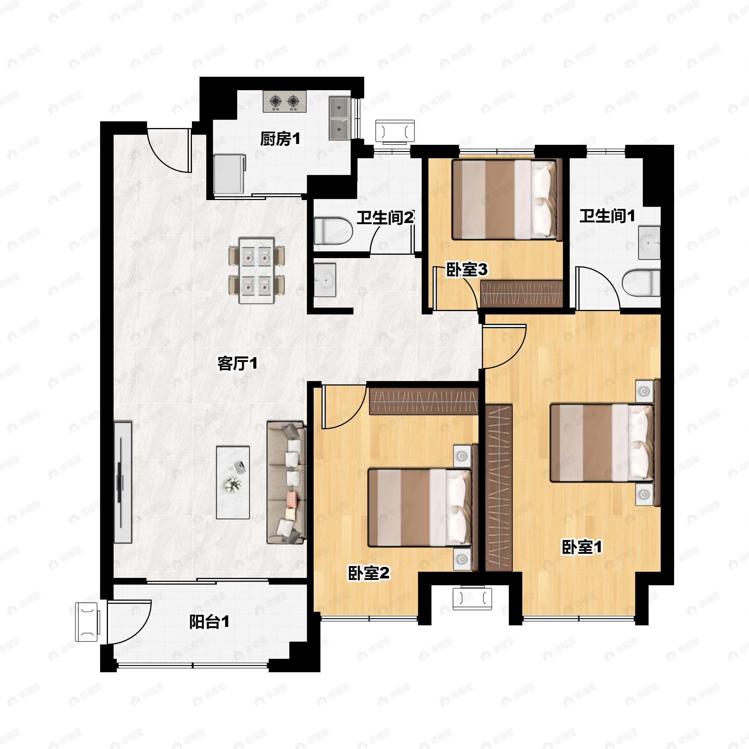 3室2厅2卫建面105平南户型图