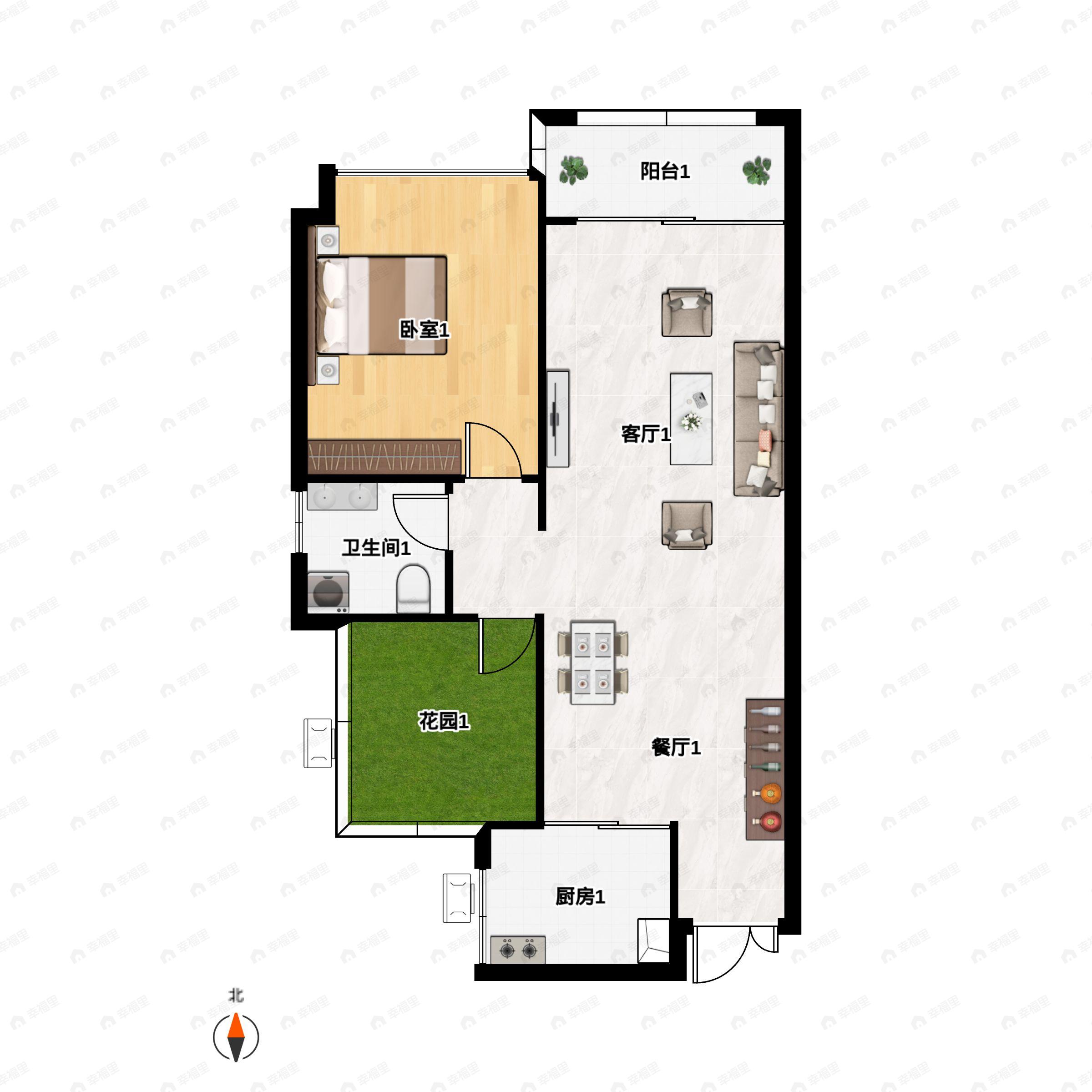 1室2厅1卫建面69平户型图