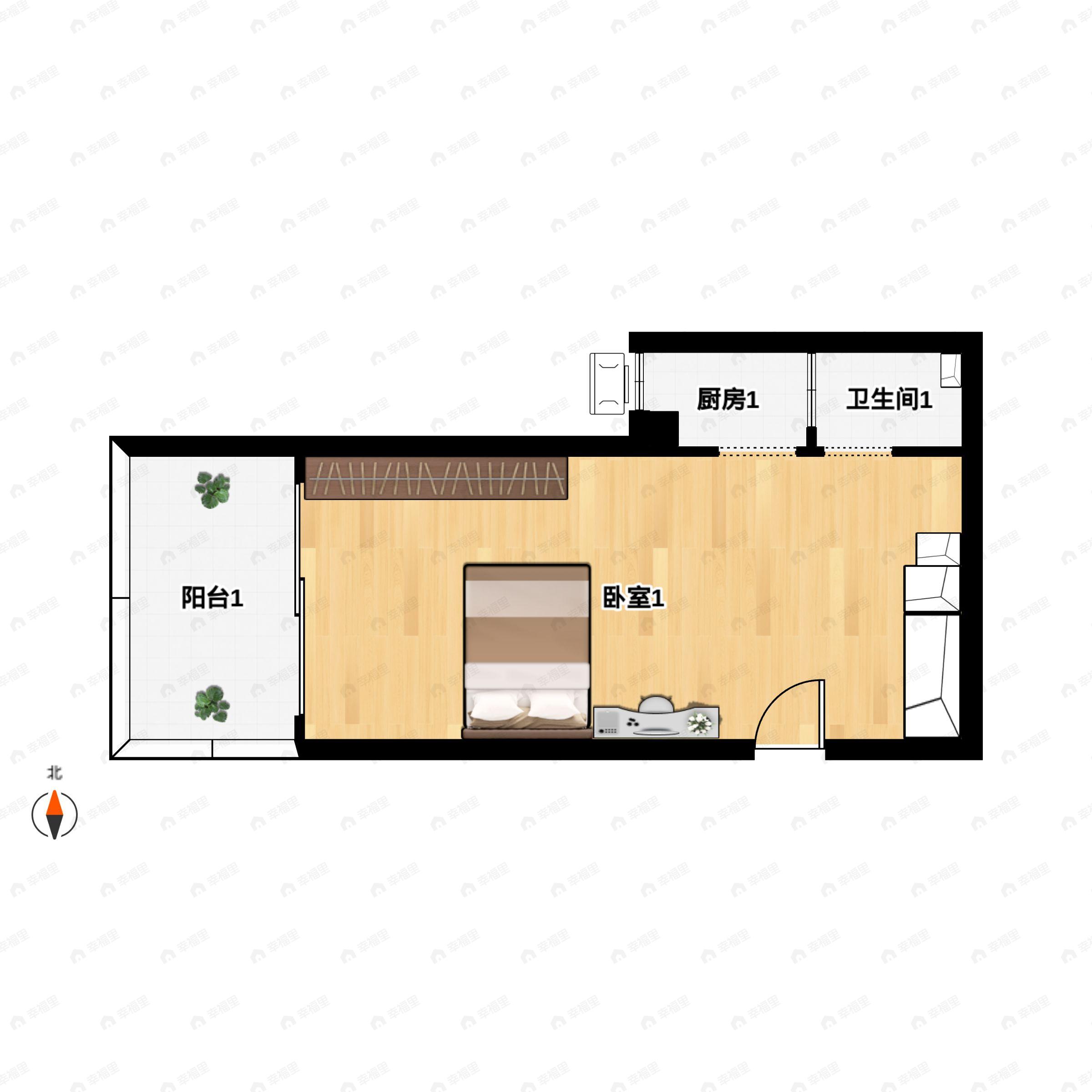 1室1厅建面38m²西南|东北户型图
