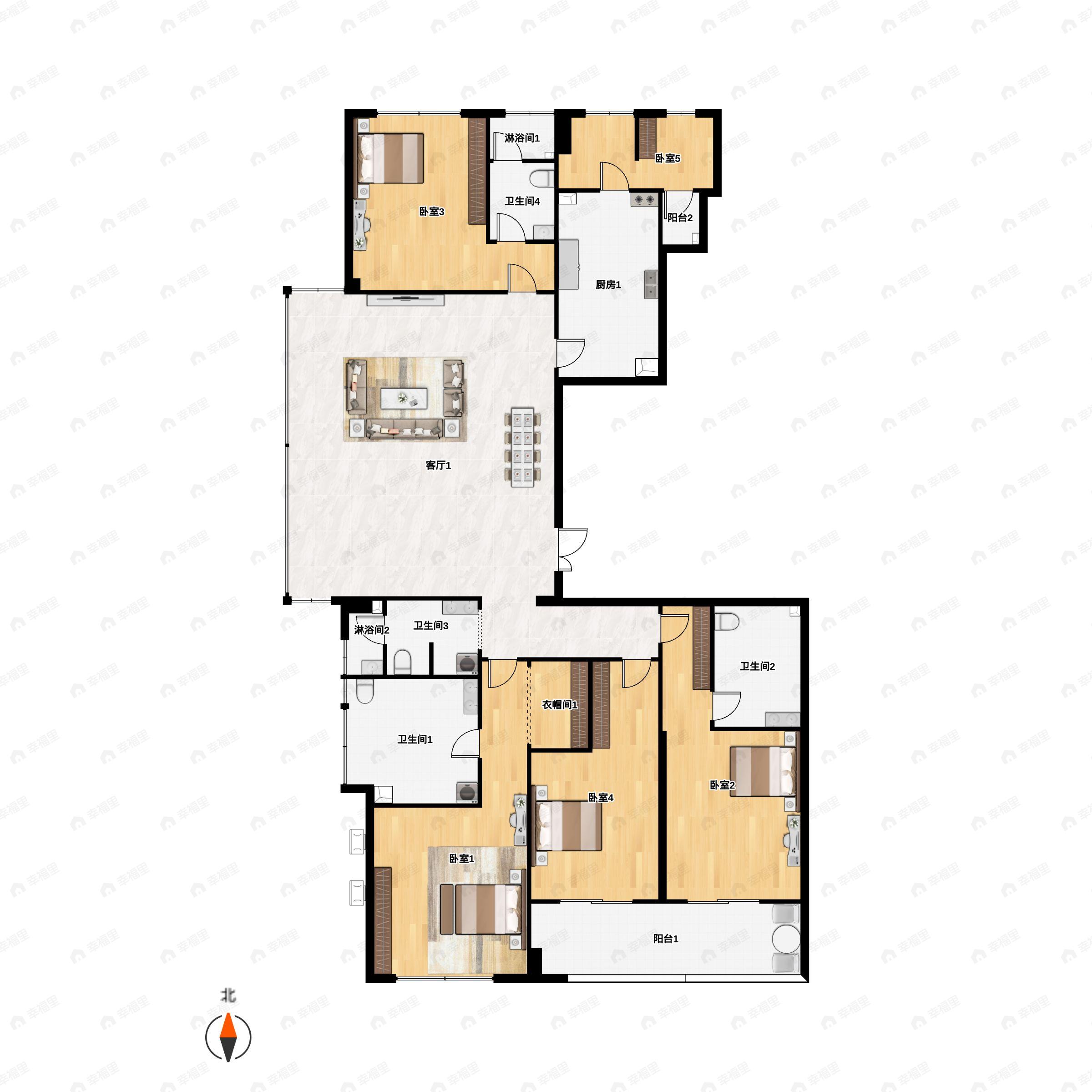 5室2厅3卫建面176m²南户型图