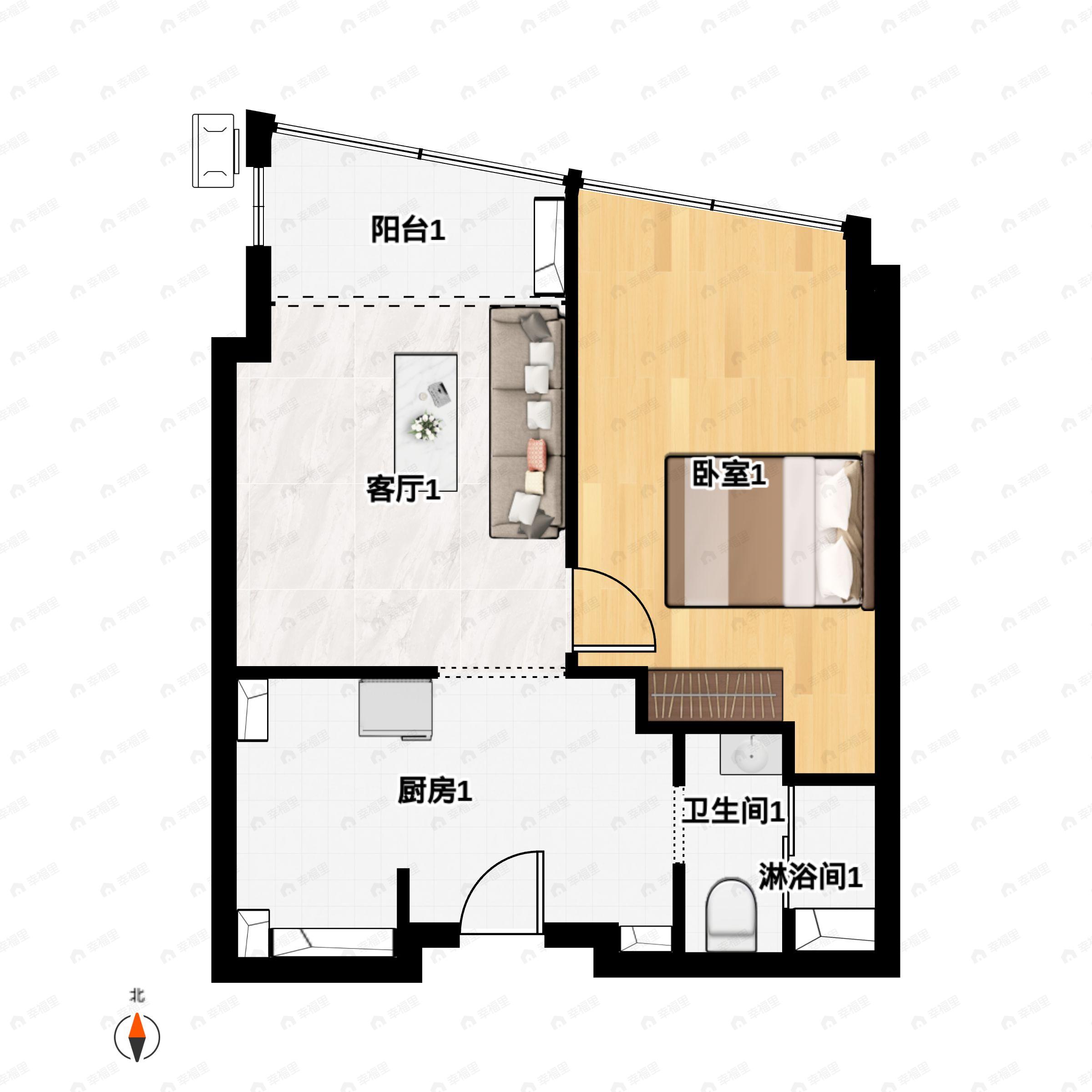 1室1厅1卫建面70m²南户型图