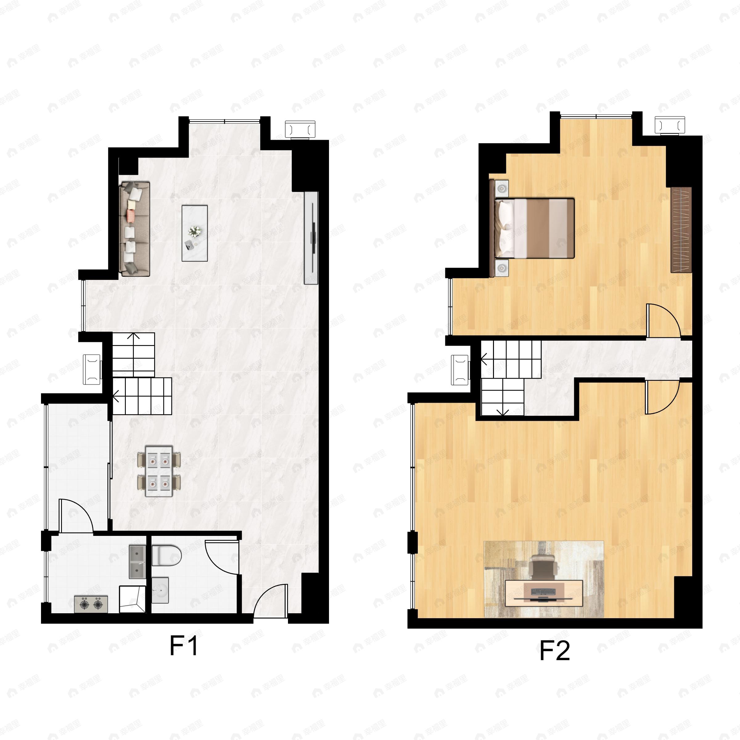 1室1厅1卫建面58m²西户型图