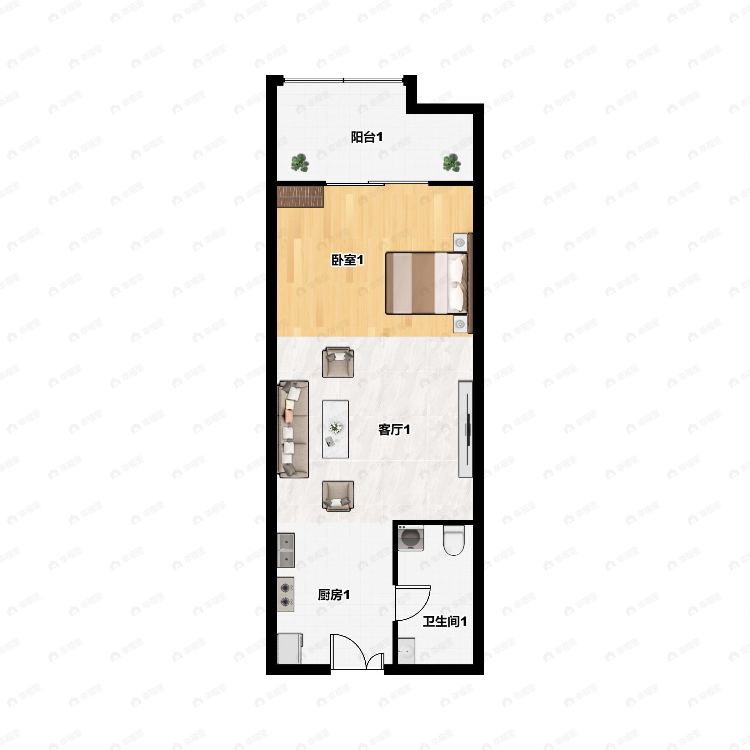 1室1厅1卫建面50m²南|北户型图