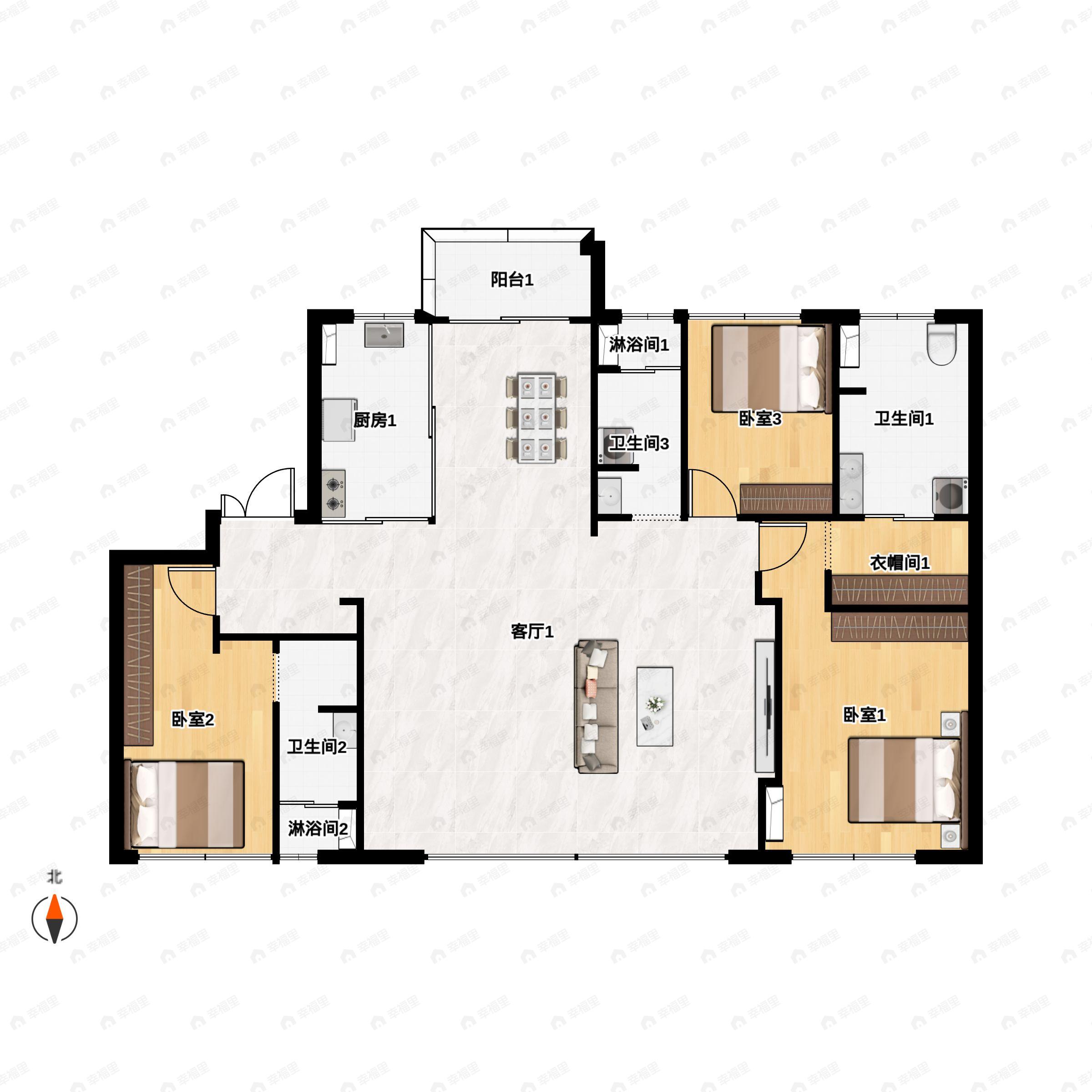 3室2厅3卫建面224m²南户型图