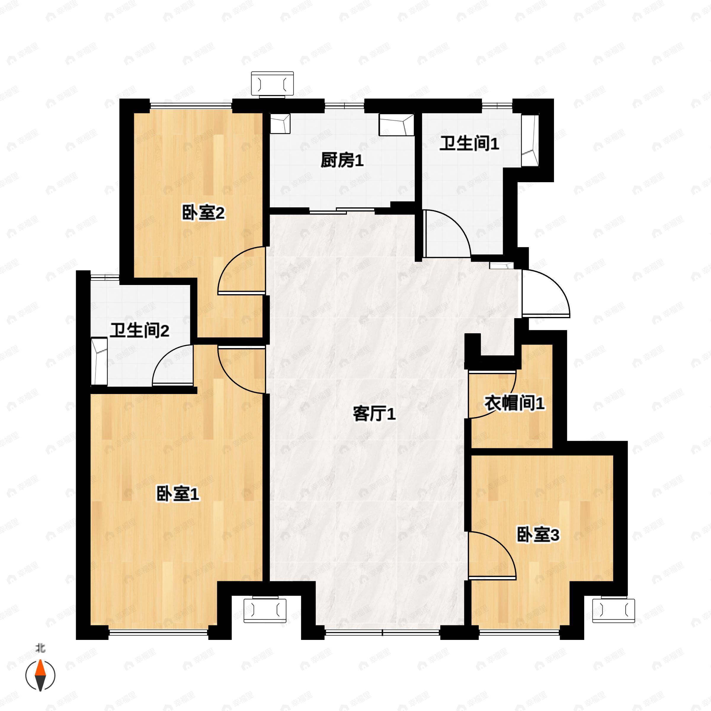 3室2厅2卫建面88平北|南户型图