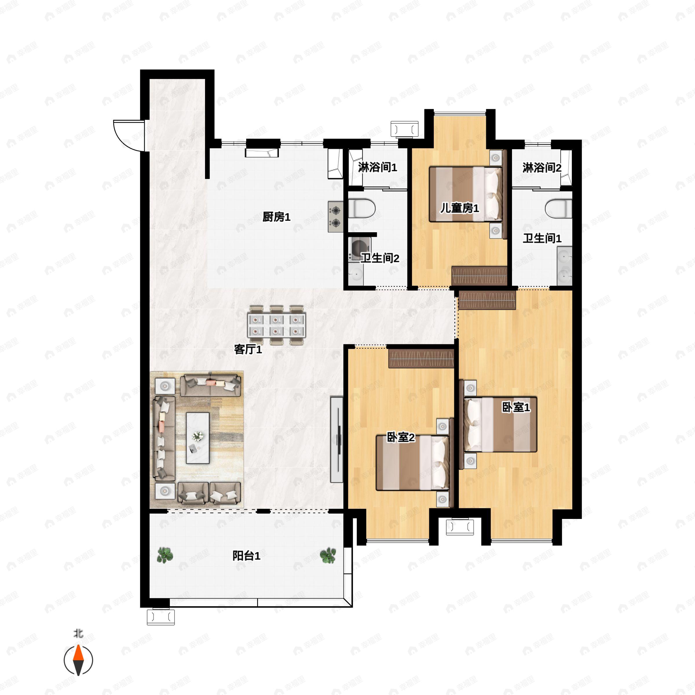 3室2厅2卫建面125平户型图