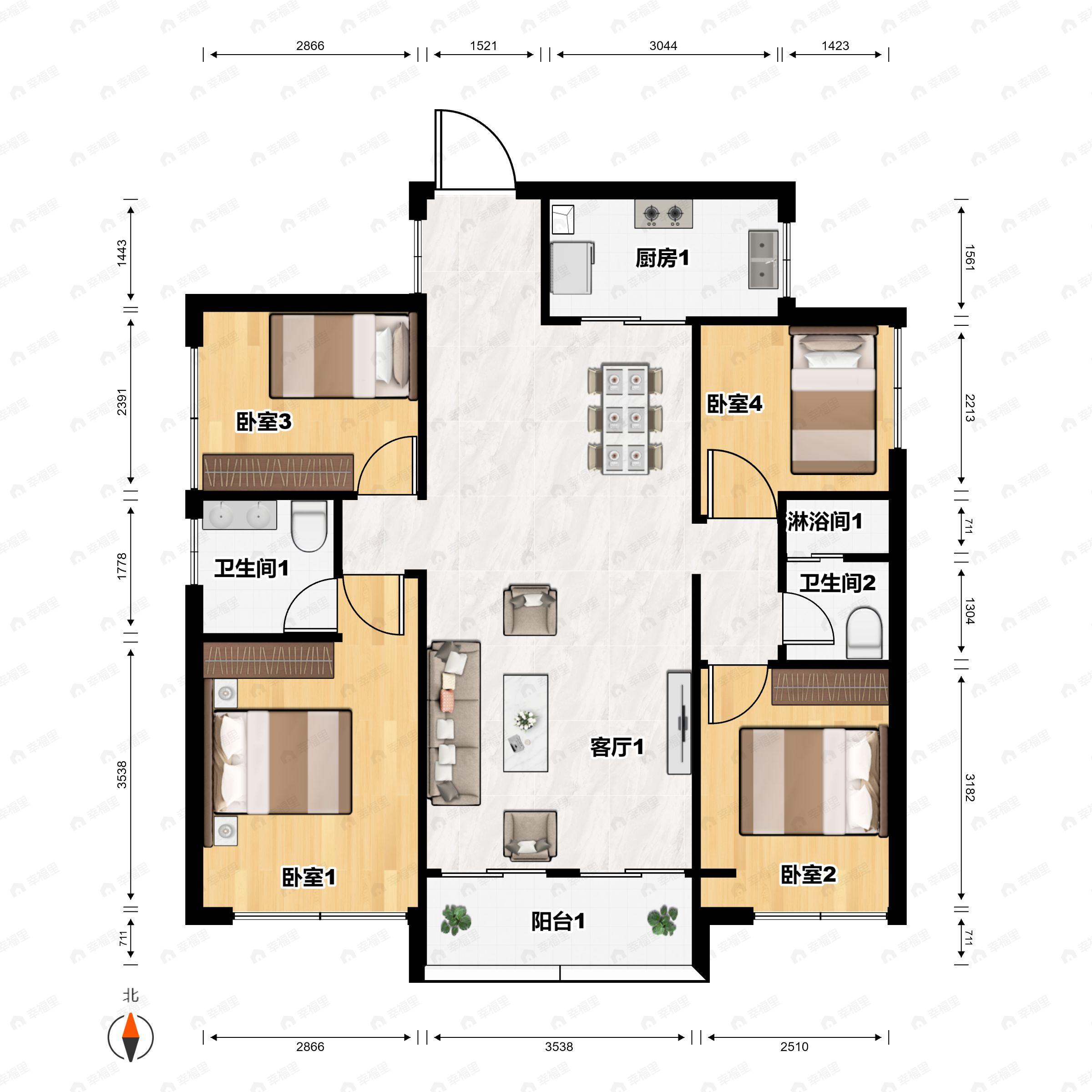 4室2厅2卫建面130平户型图