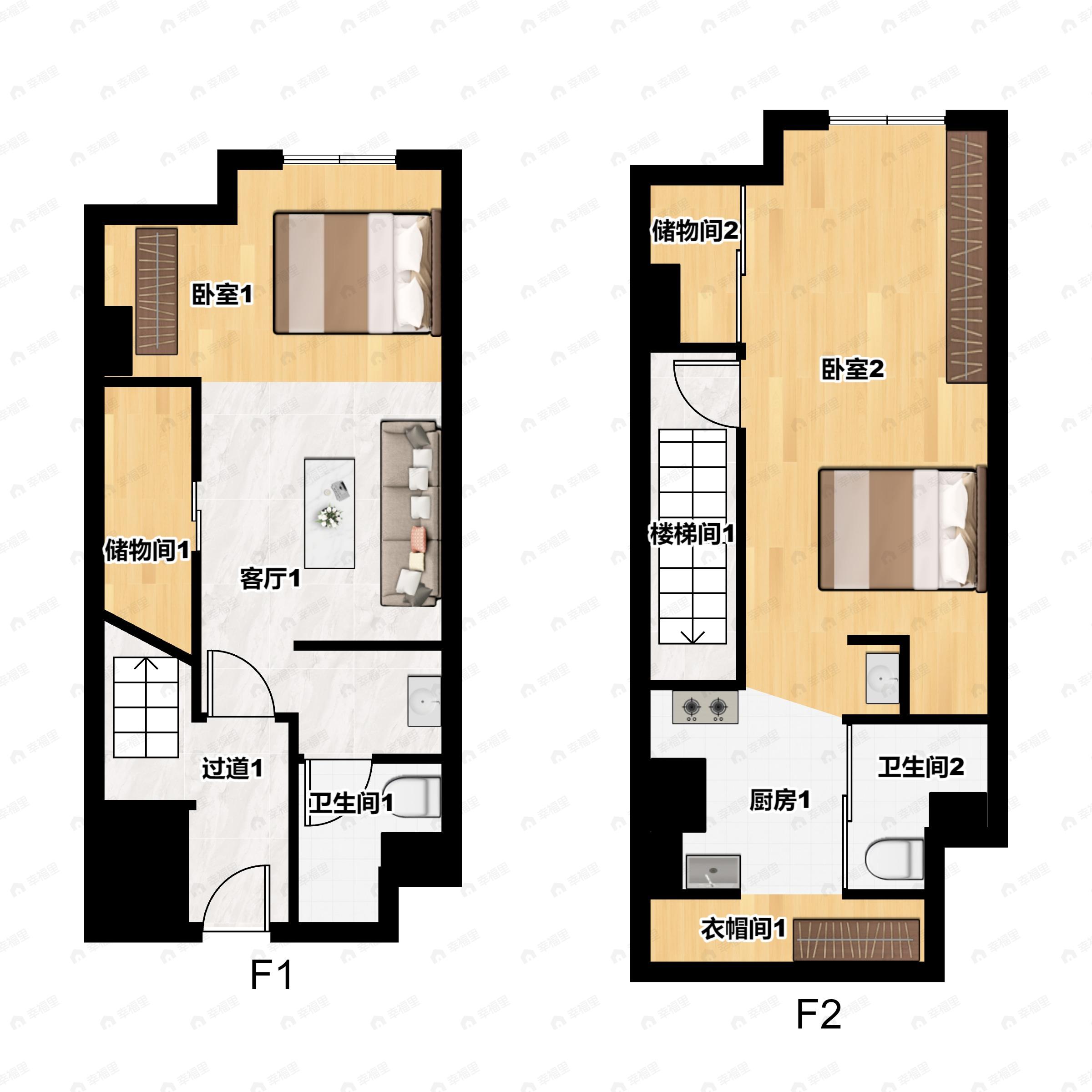 2室2厅2卫建面47平北户型图