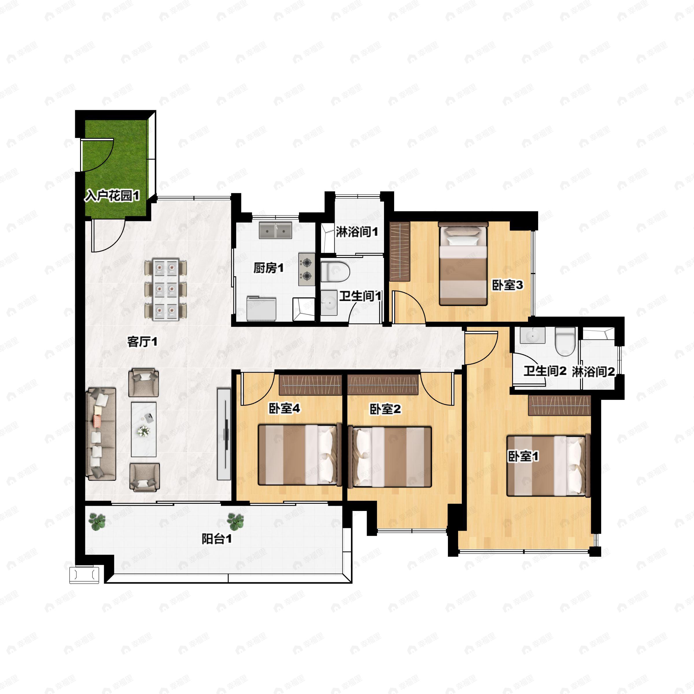4室2厅2卫建面128平南户型图