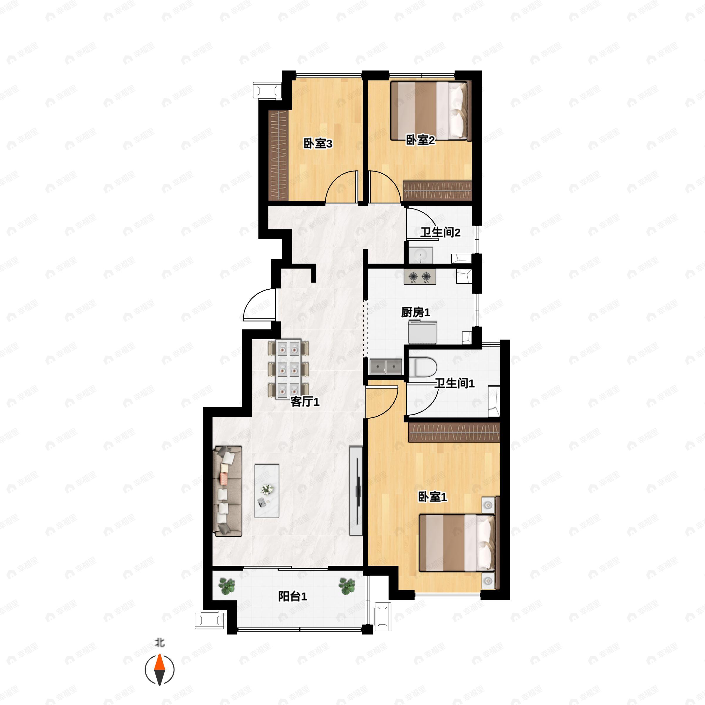 3室2厅2卫建面89平南户型图