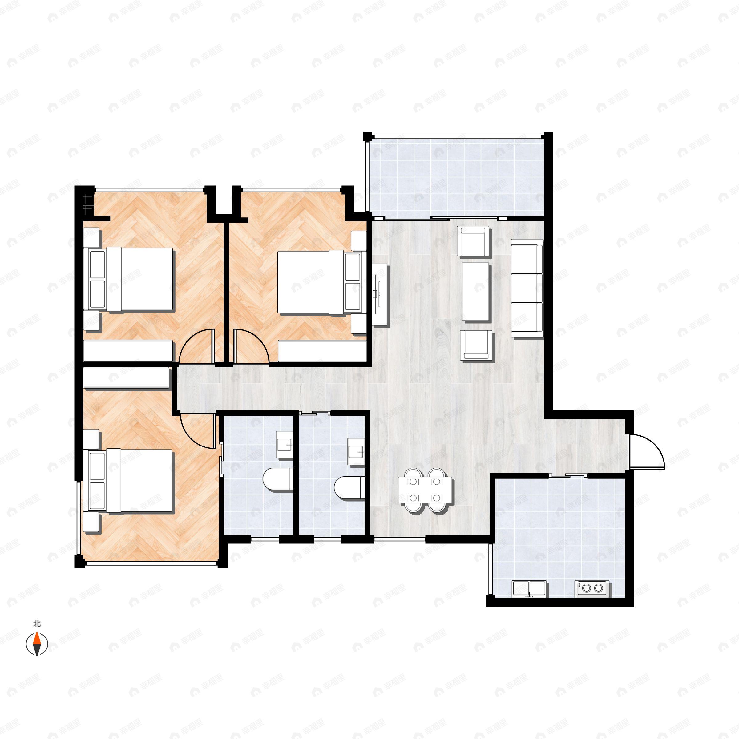 3室2厅2卫建面96平南户型图