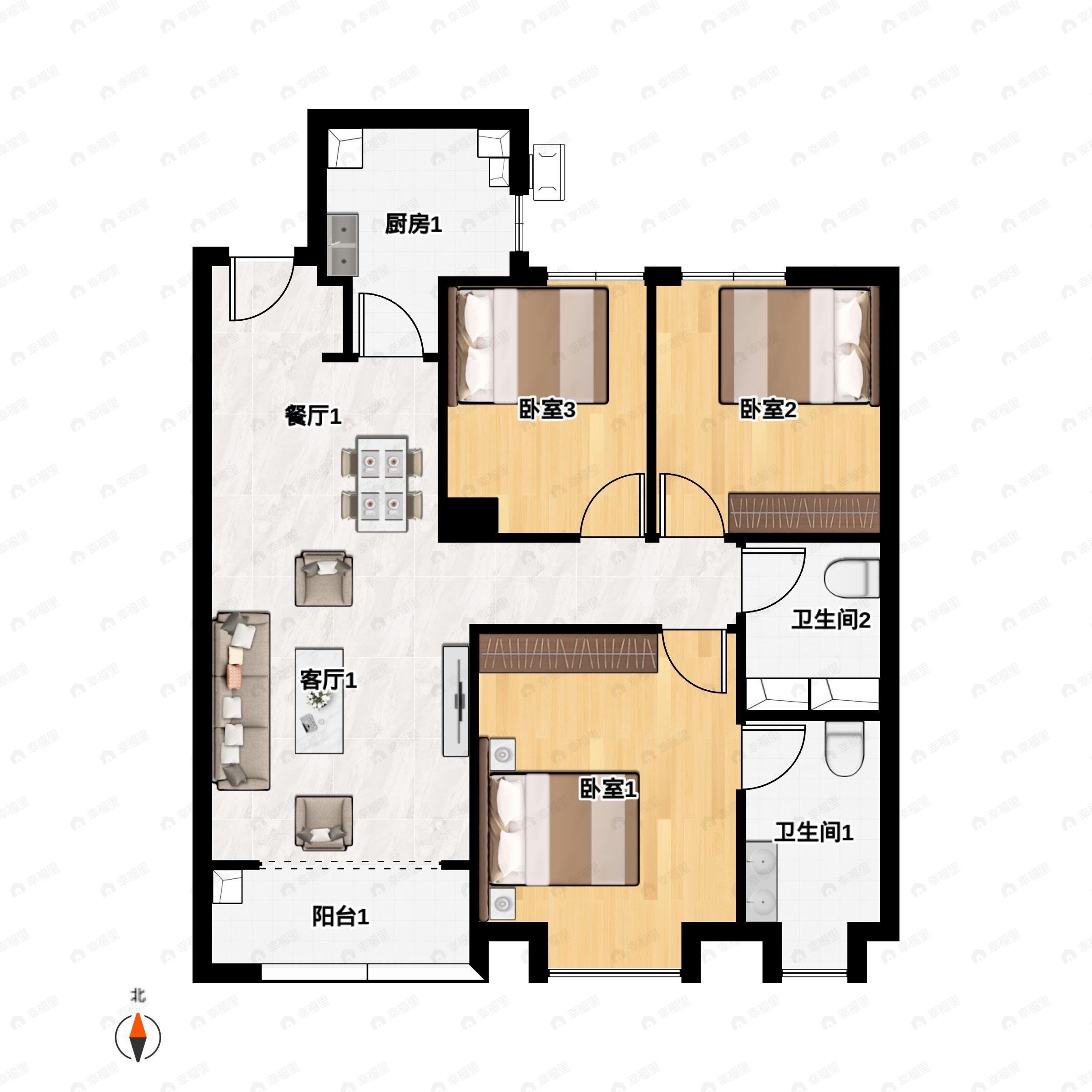 3室2厅2卫建面116m²北|南户型图