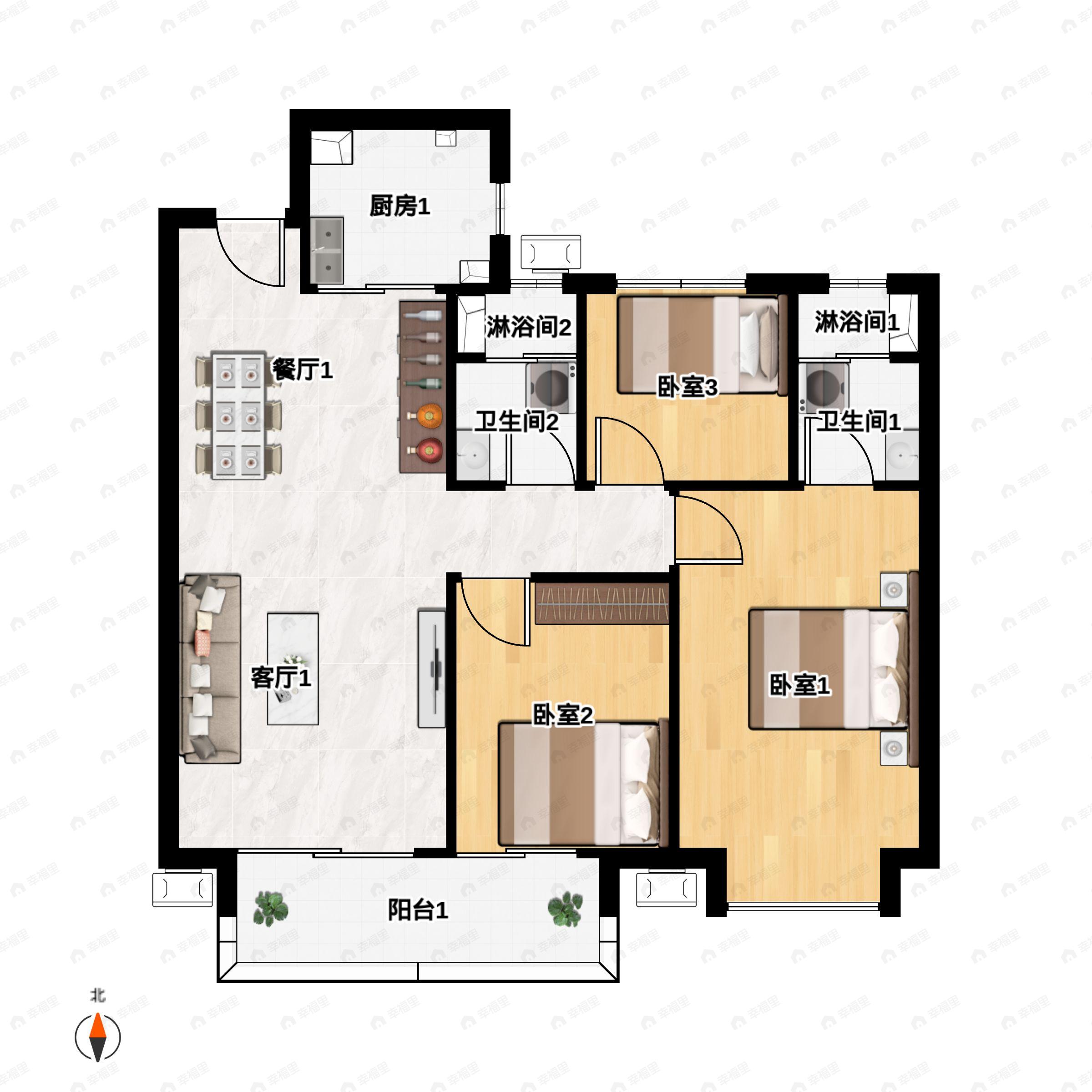 3室2厅2卫建面110m²南户型图
