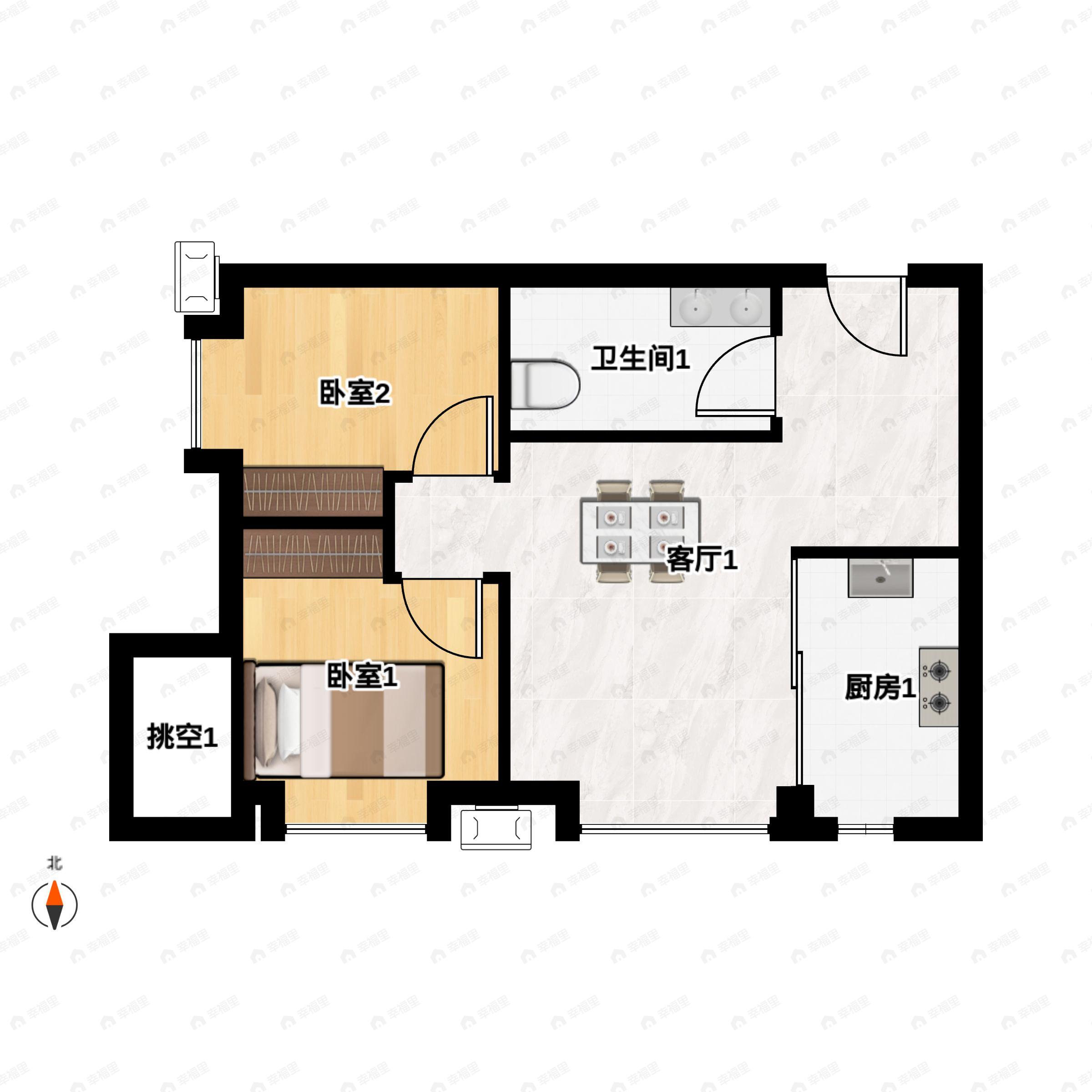 2室2厅1卫建面63平户型图