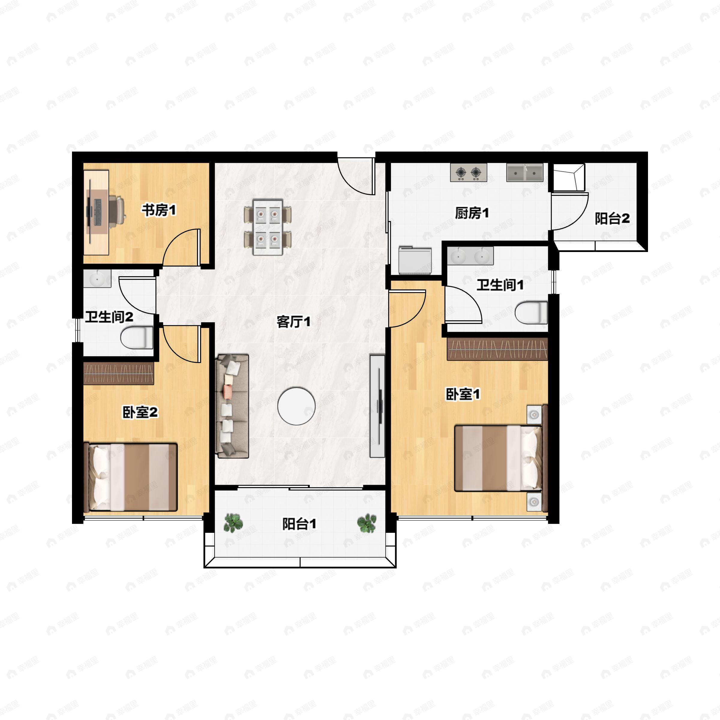 3室2厅2卫建面95m²南户型图