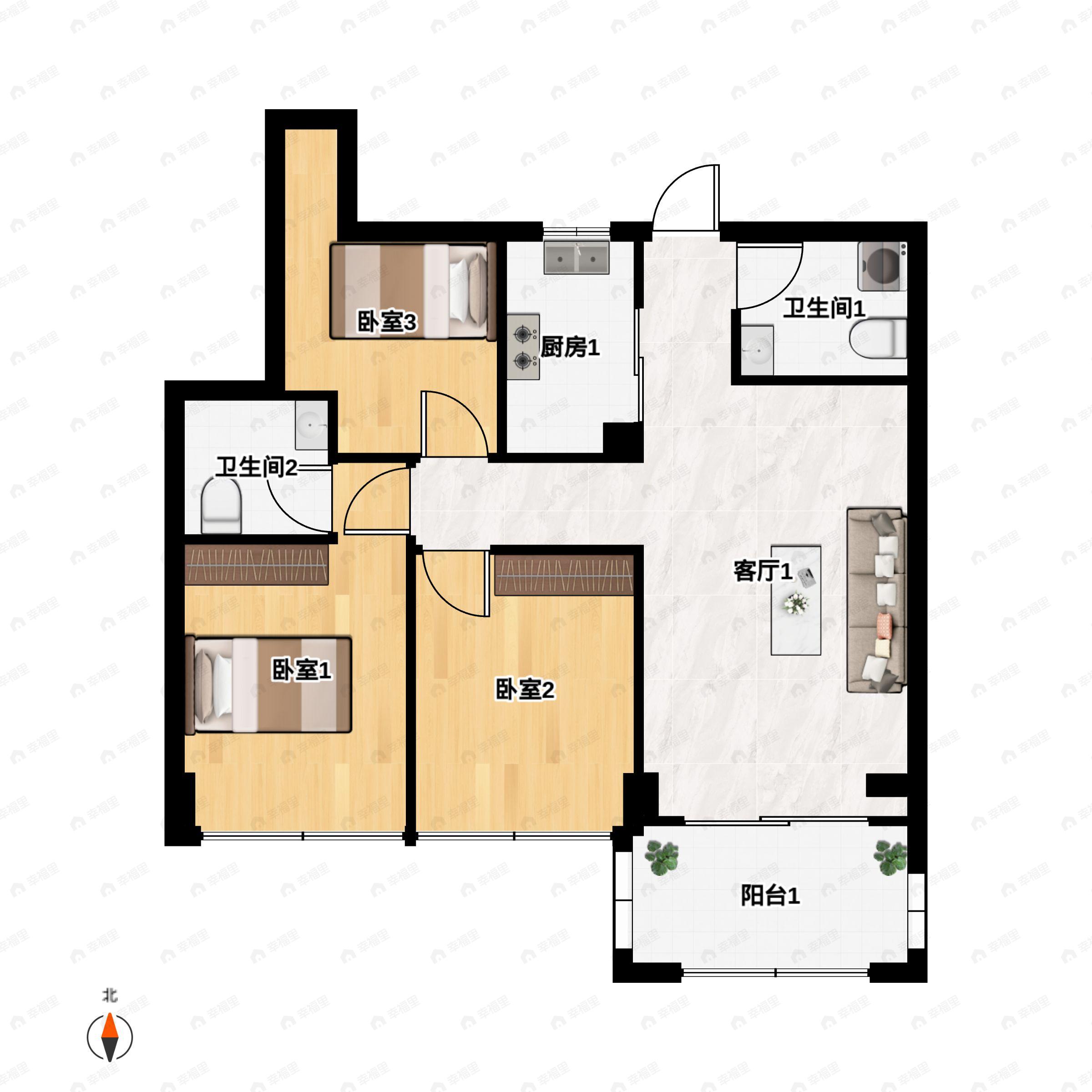 3室2厅2卫建面86平户型图
