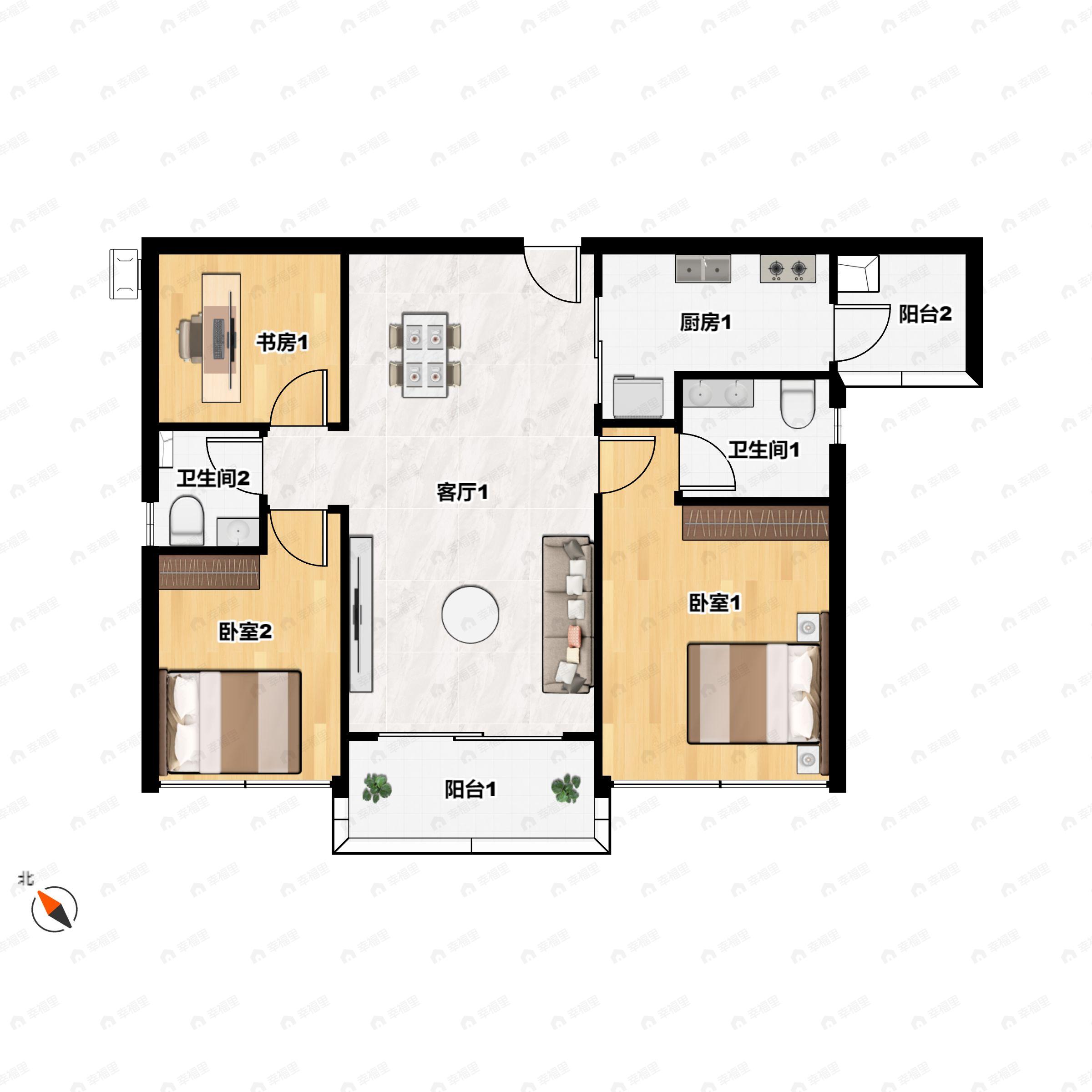 3室2厅2卫建面96m²南户型图