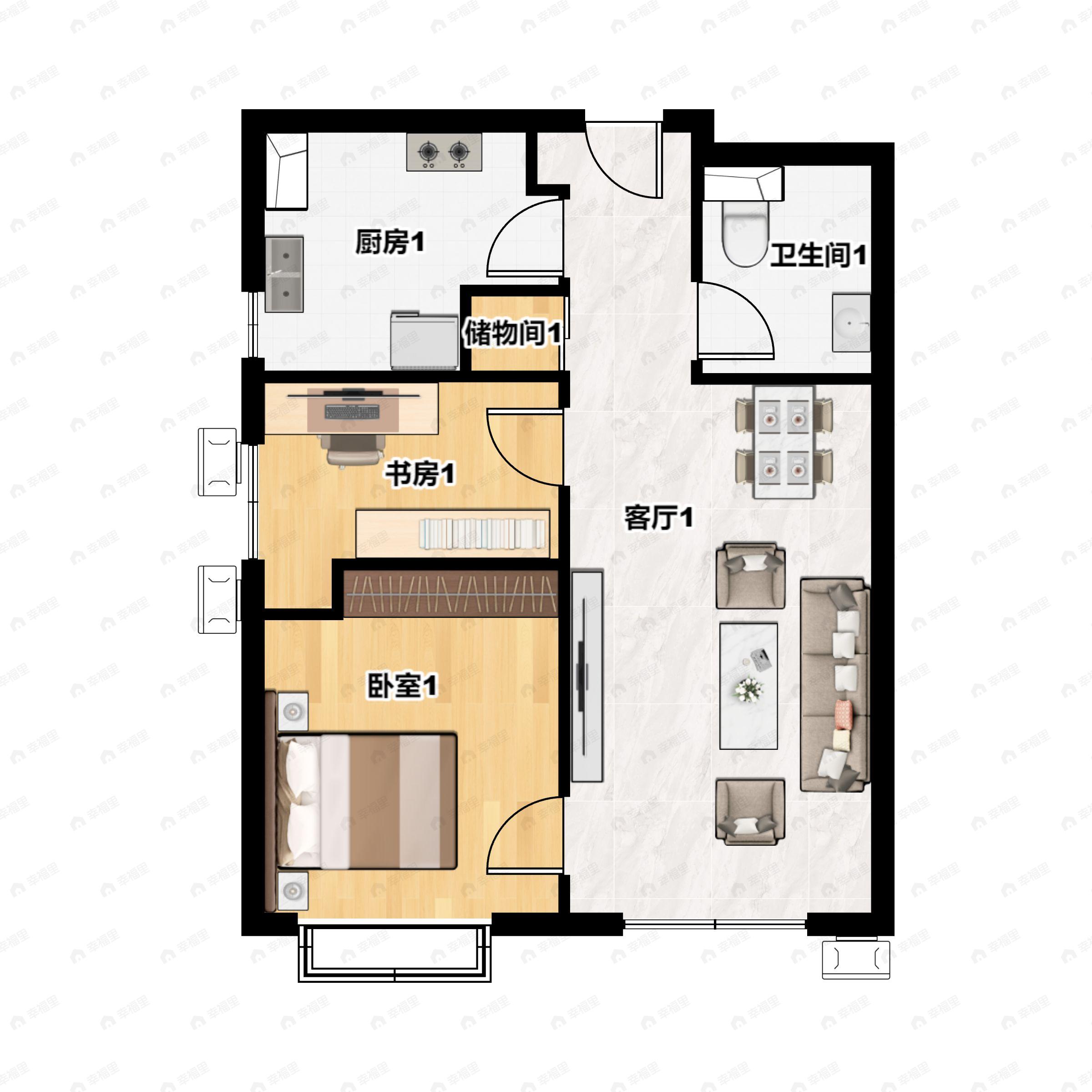 2室2厅1卫建面65平南户型图