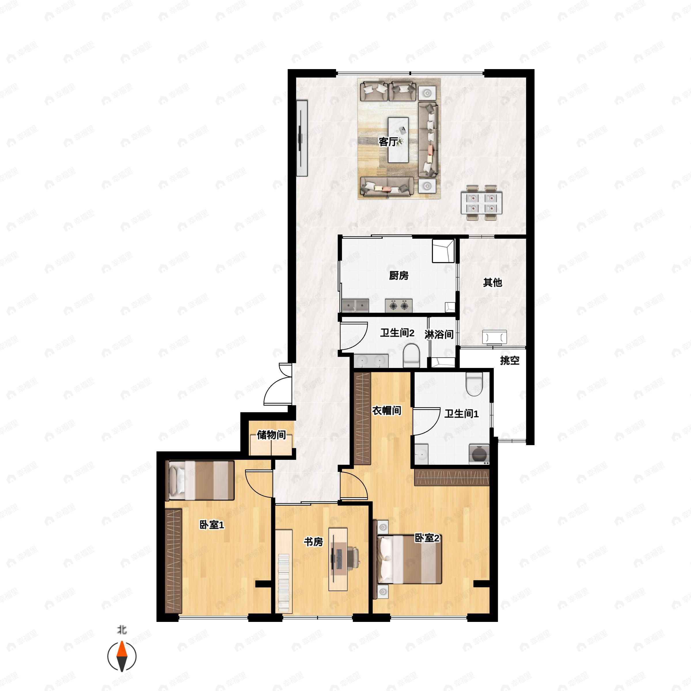 3室2厅2卫建面173平户型图