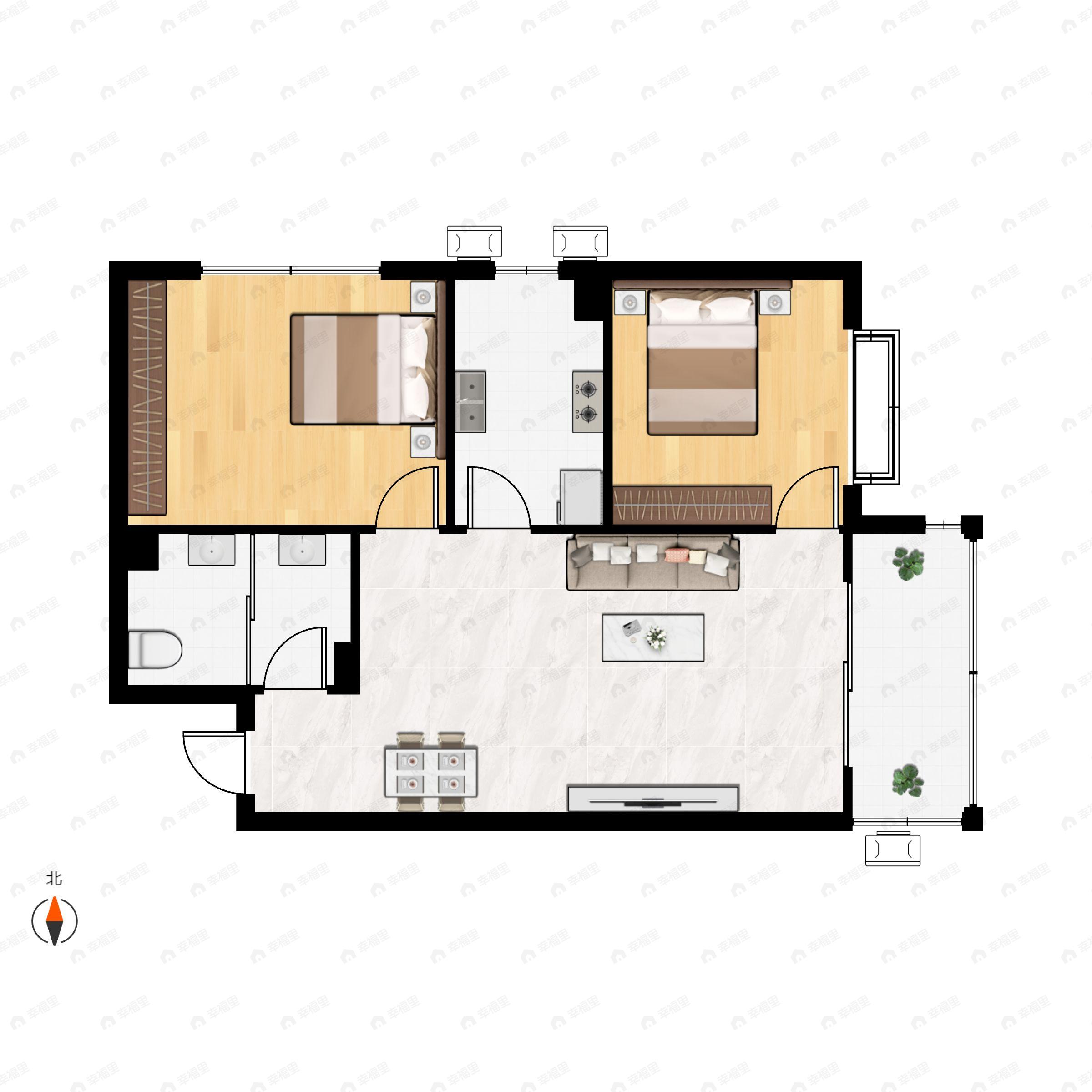 2室2厅1卫建面82m²东户型图