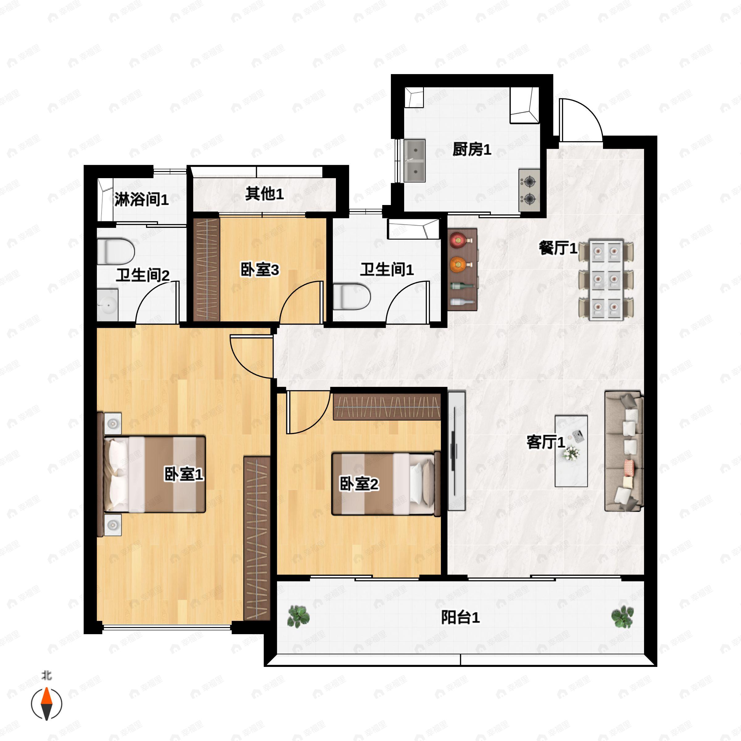 3室2厅2卫建面99m²南|北户型图