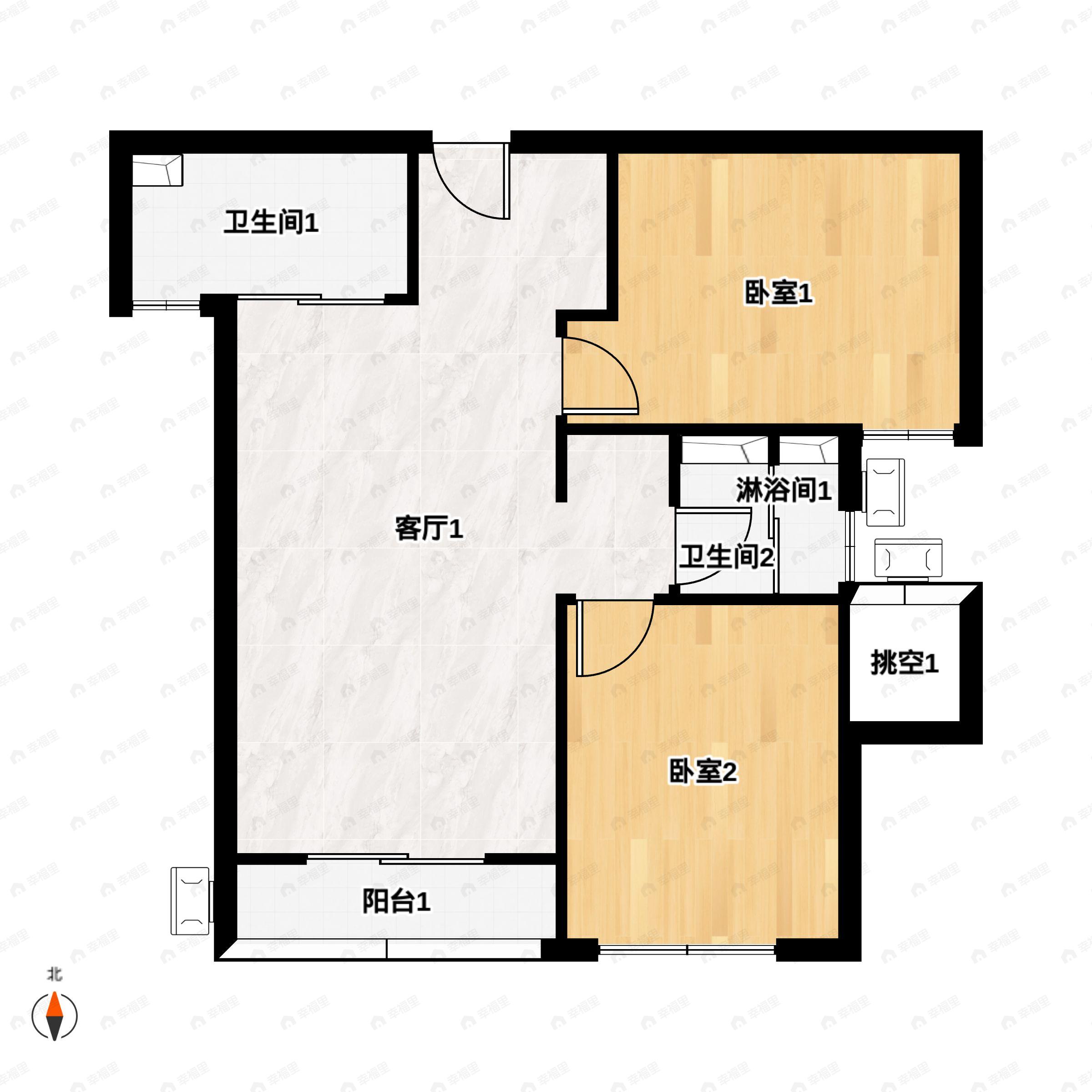 2室2厅1卫建面88平南户型图