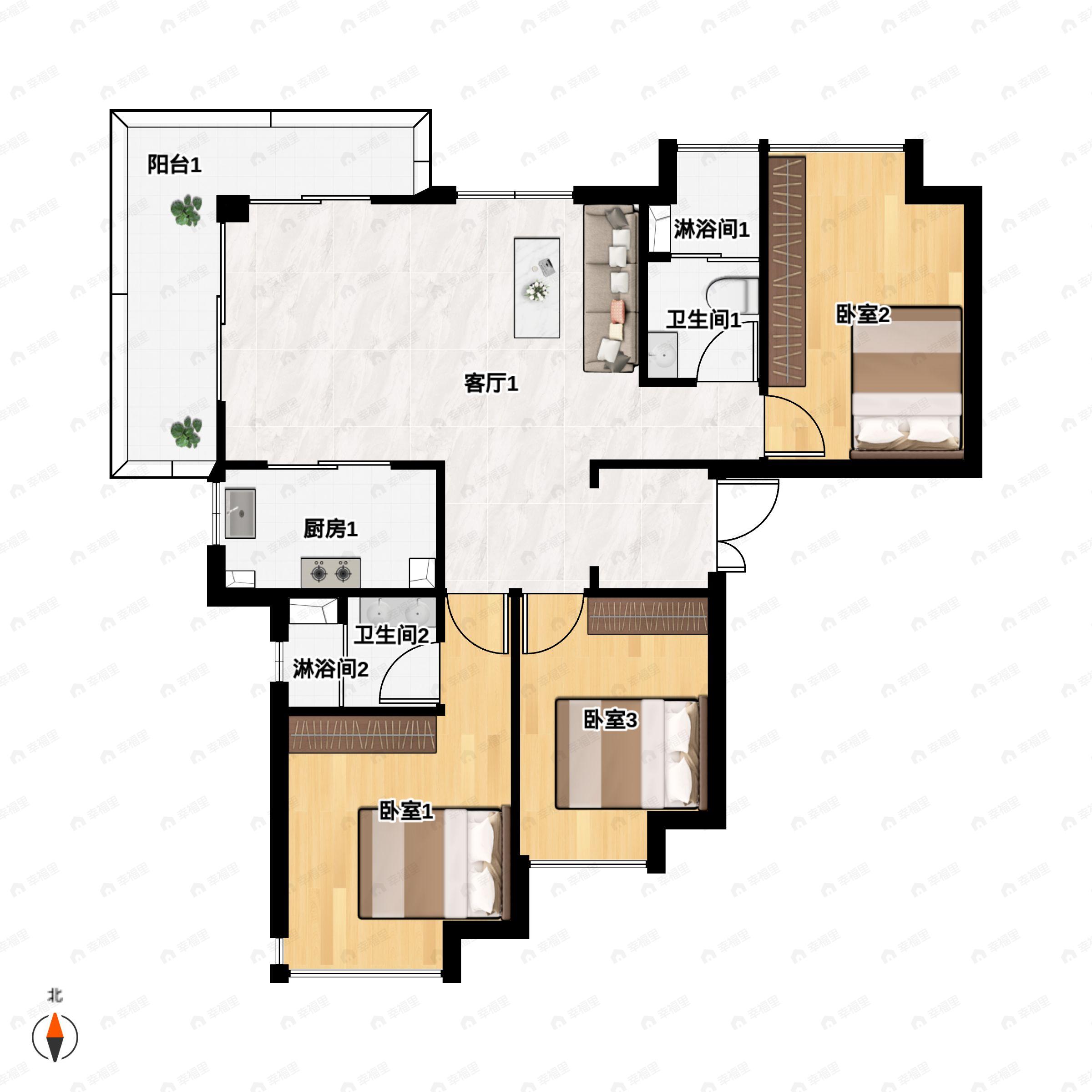 3室2厅2卫建面127平户型图
