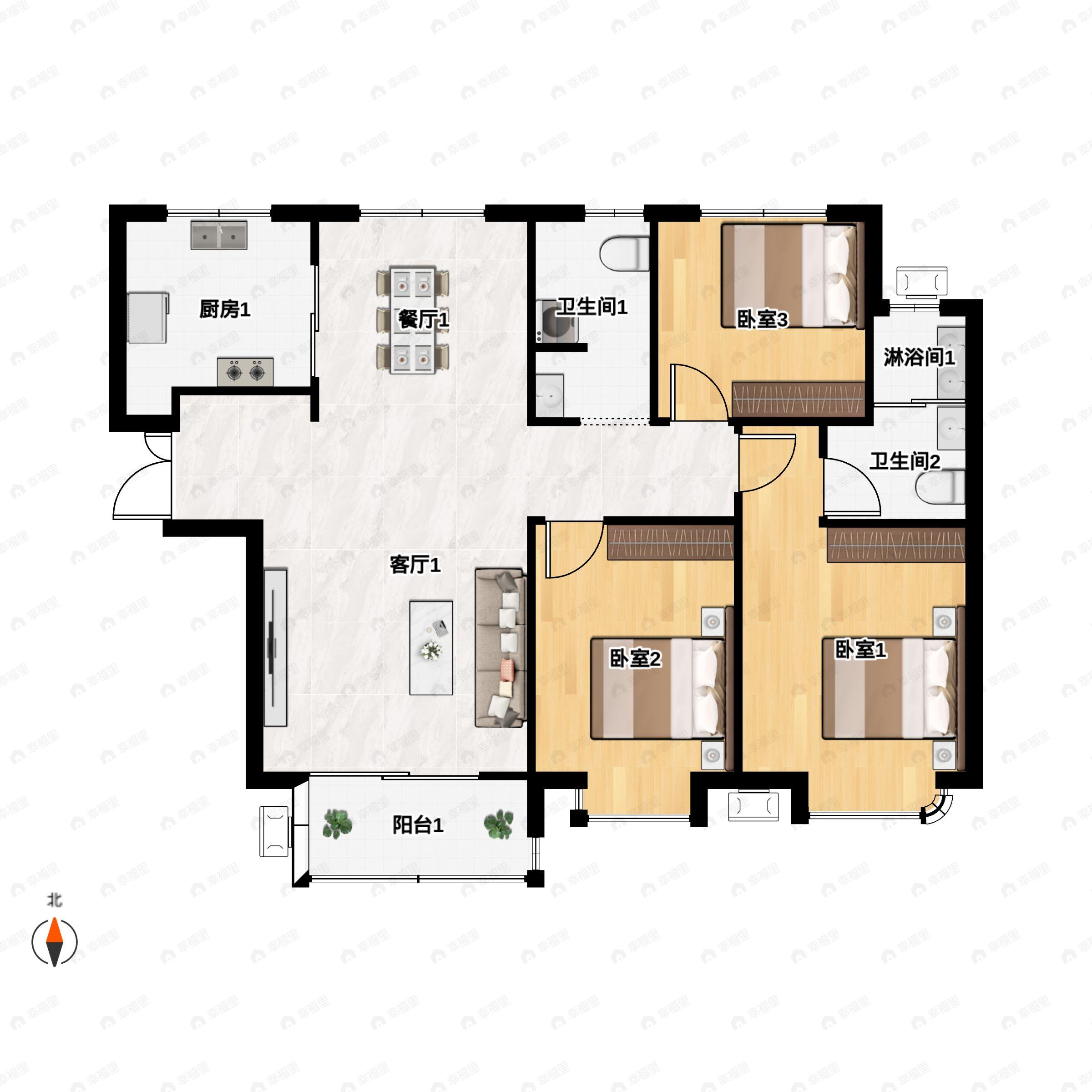 3室2厅2卫建面125平南户型图