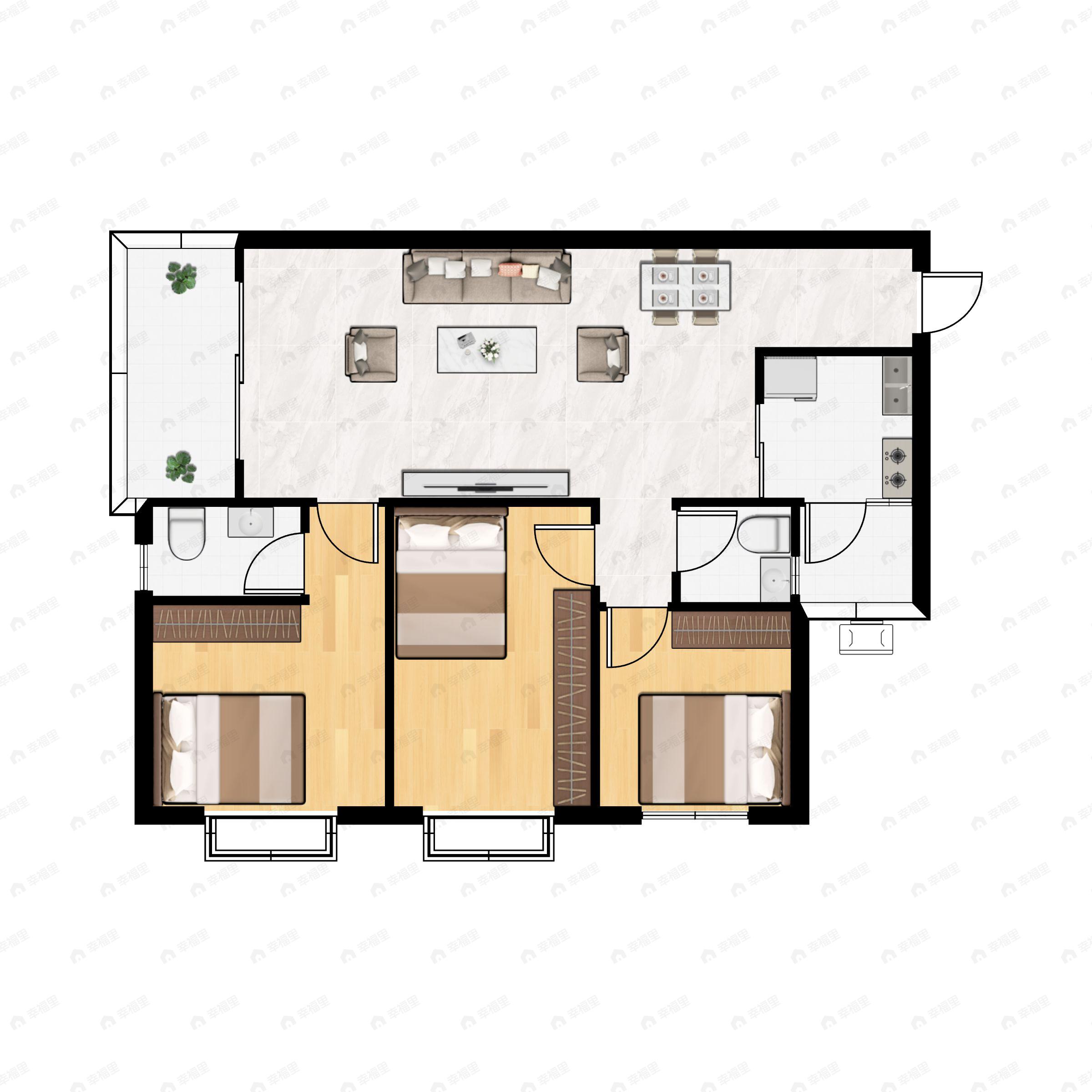 3室2厅2卫建面89m²南户型图