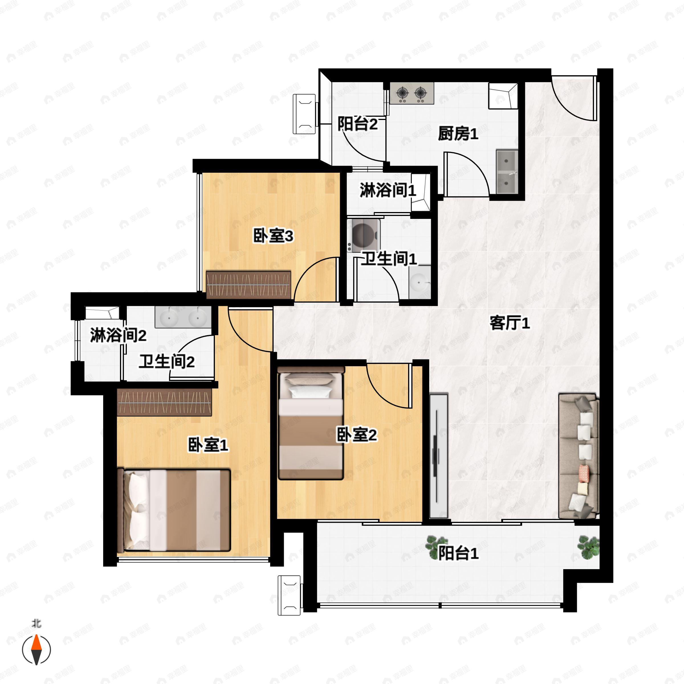 3室2厅2卫建面86平户型图