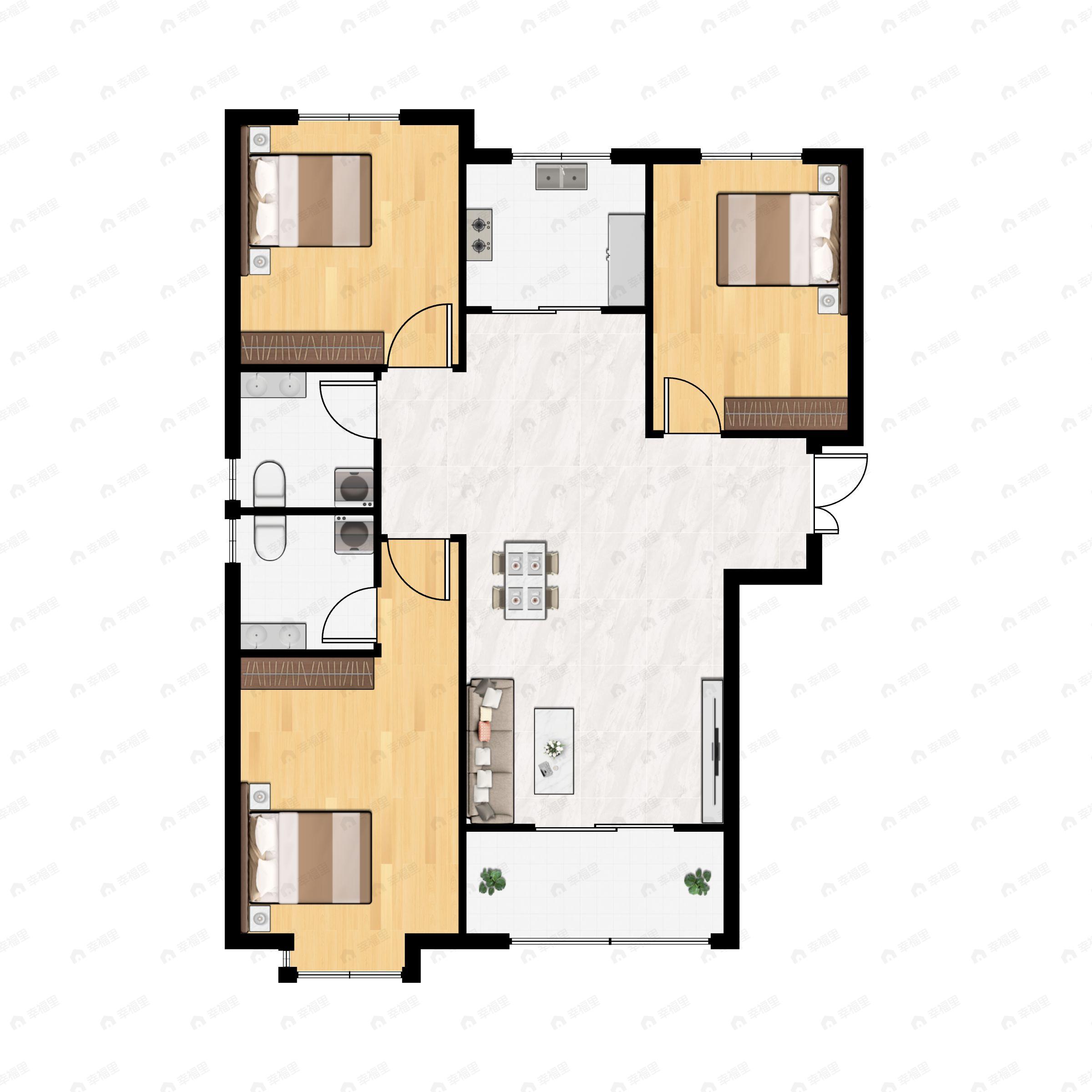 3室2厅2卫建面122平南|北户型图