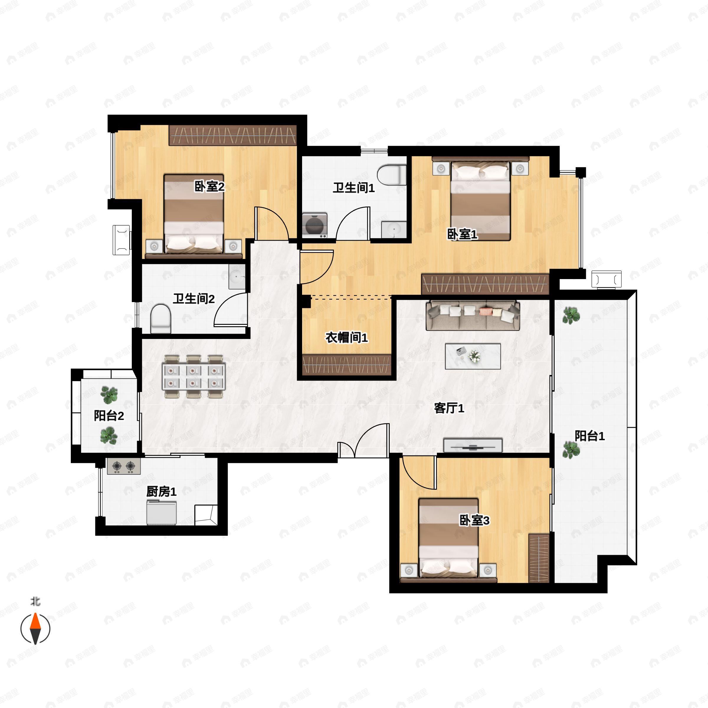 3室2厅2卫建面128平户型图