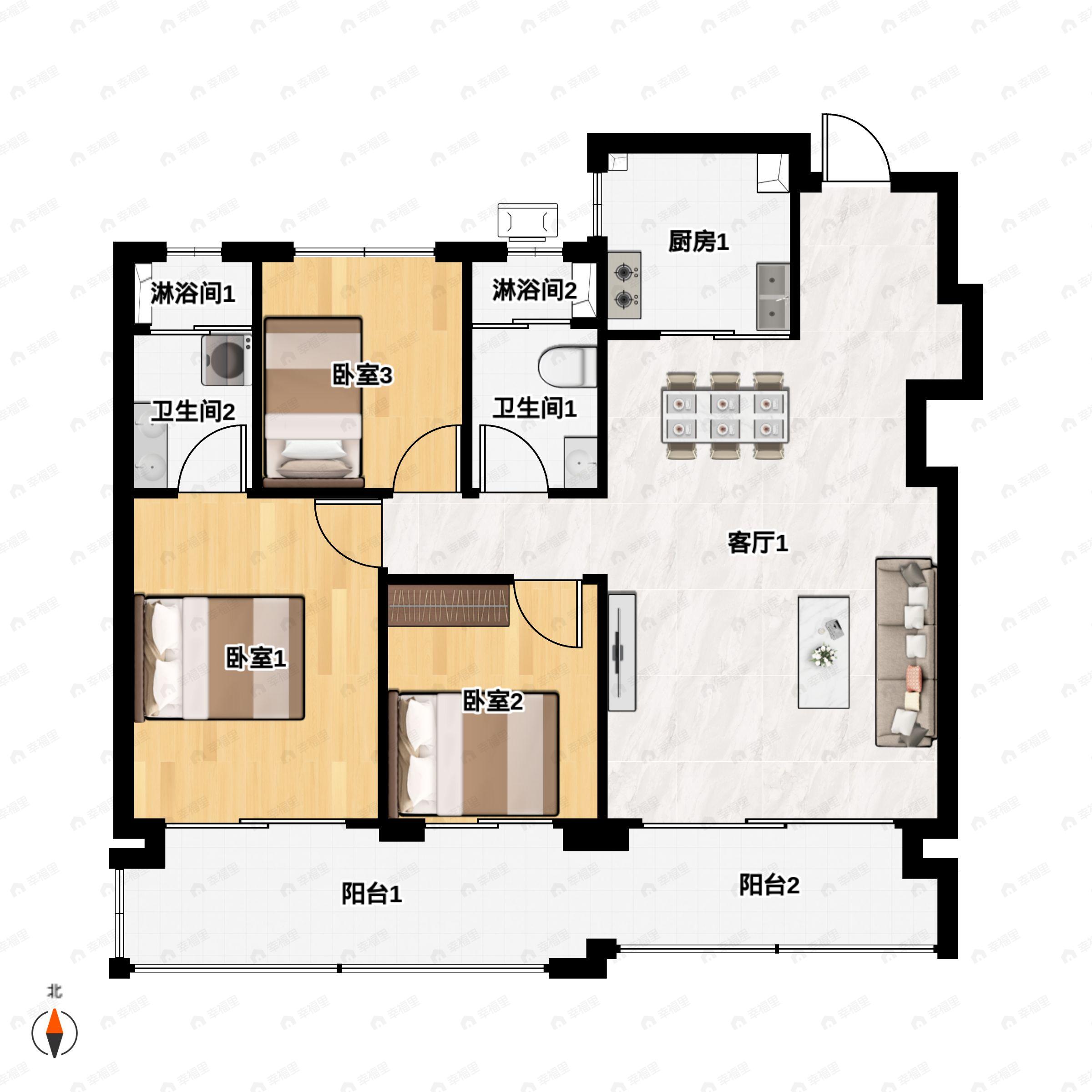 3室2厅2卫建面134m²南户型图