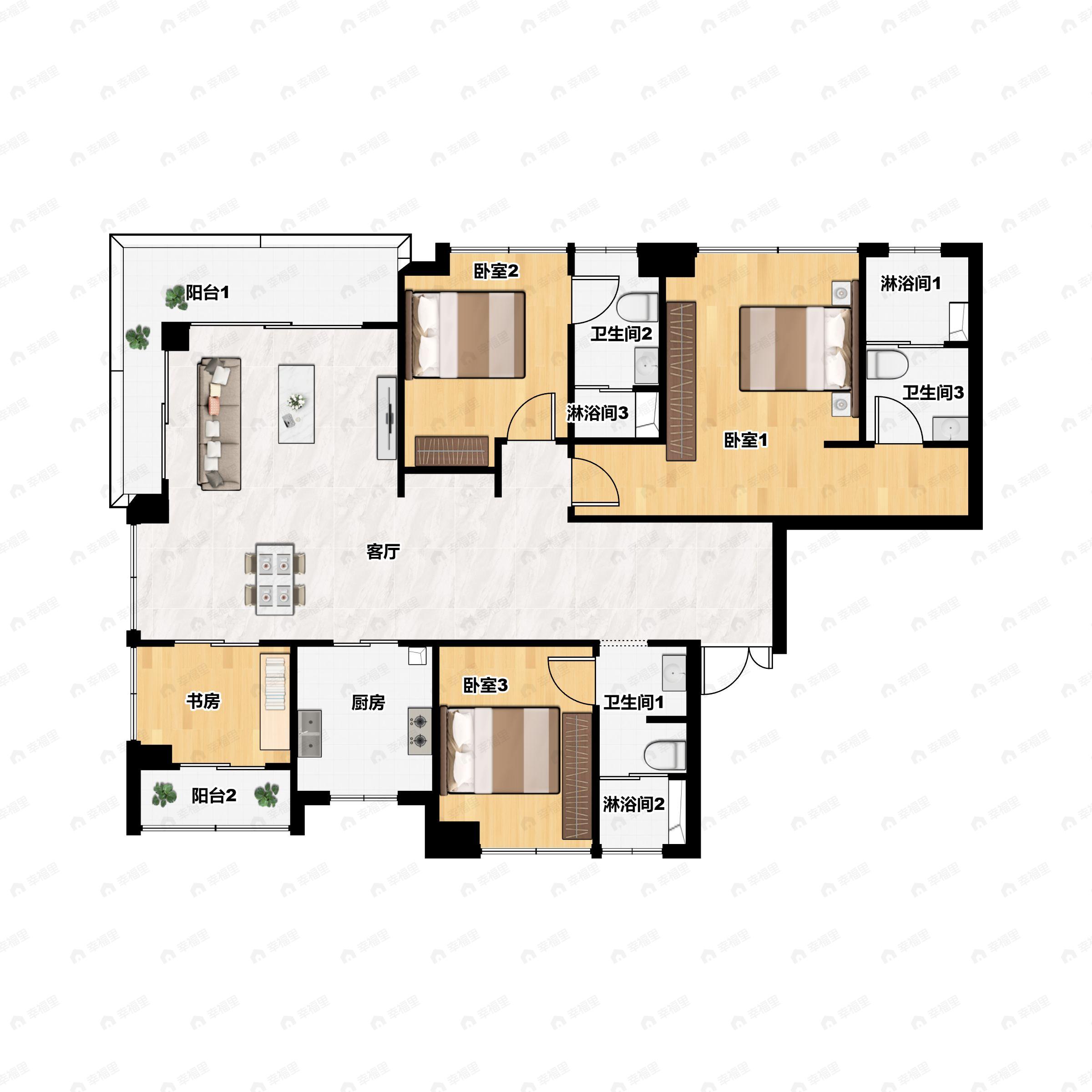 4室2厅3卫建面196平南户型图