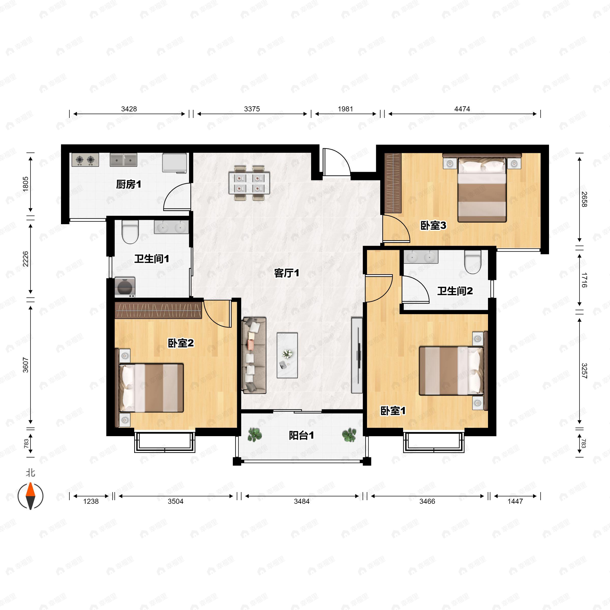 3室2厅2卫建面115平南户型图