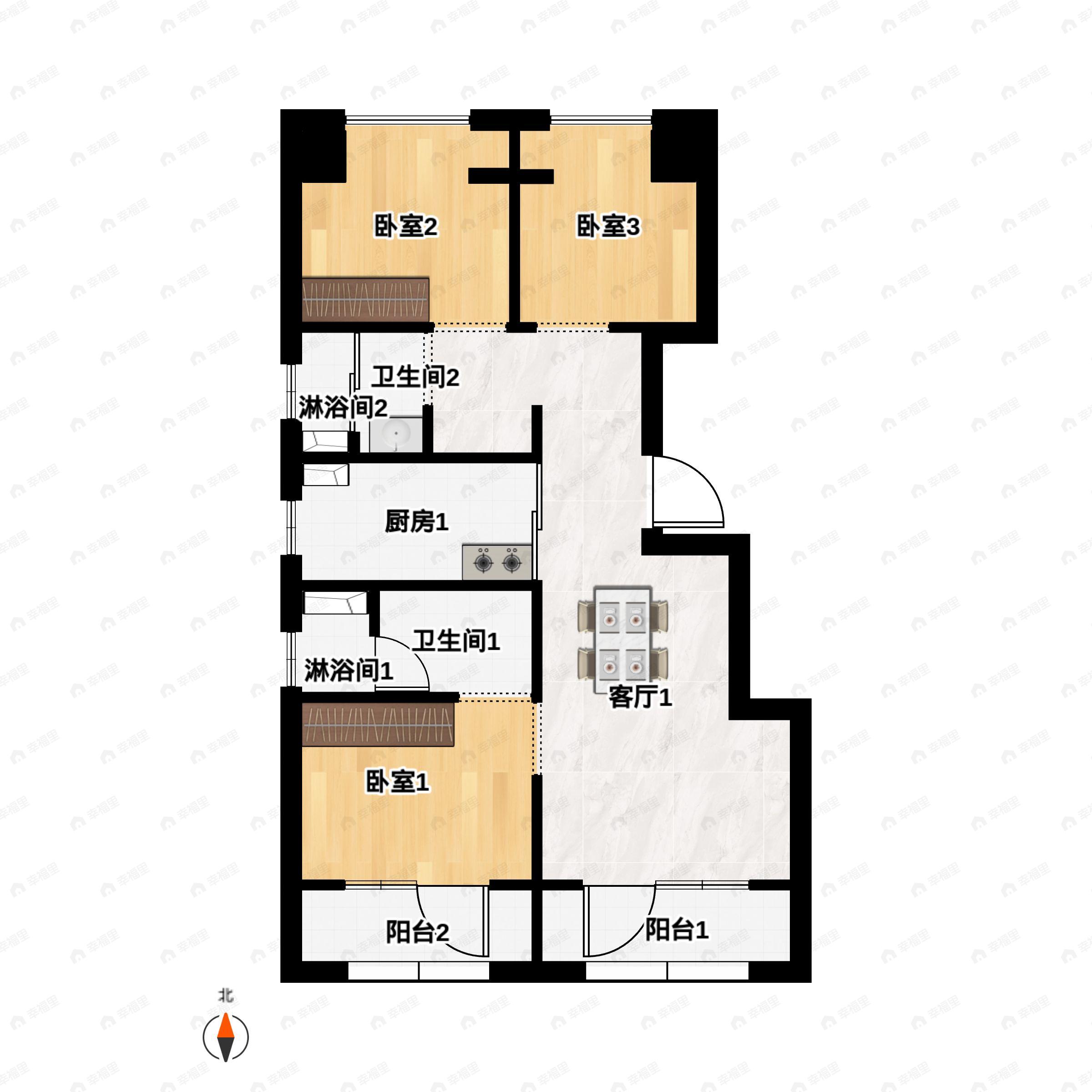 3室2厅2卫建面89平户型图