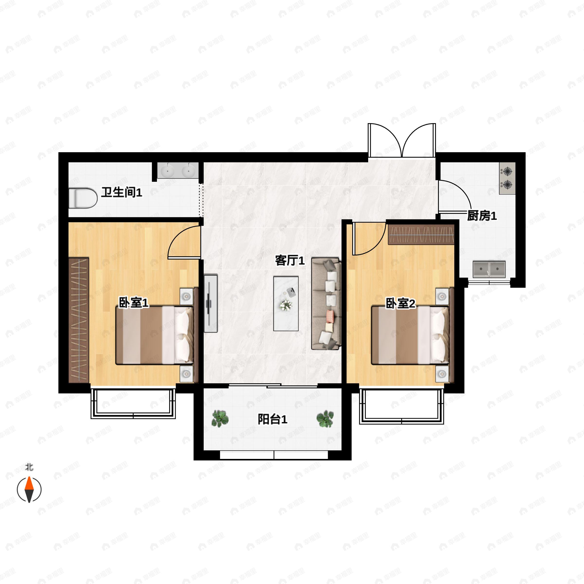 2室2厅1卫建面100m²南户型图