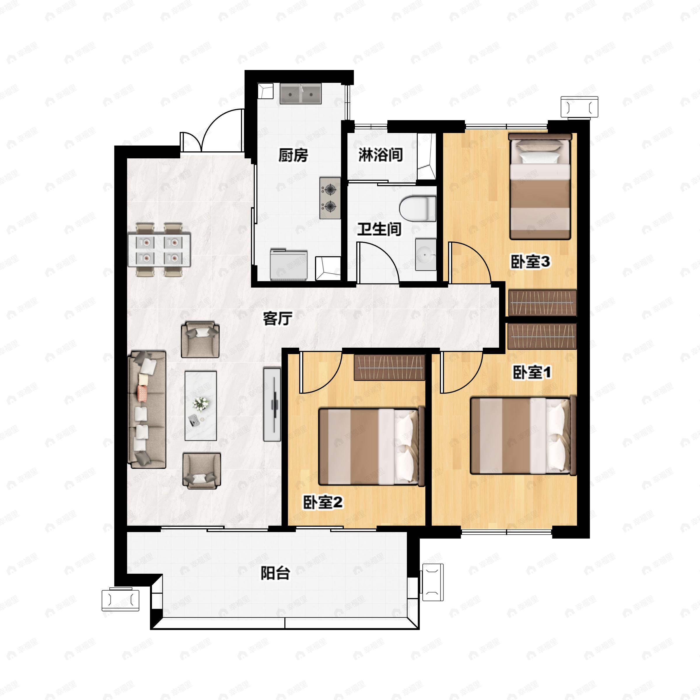 3室2厅1卫建面95平户型图