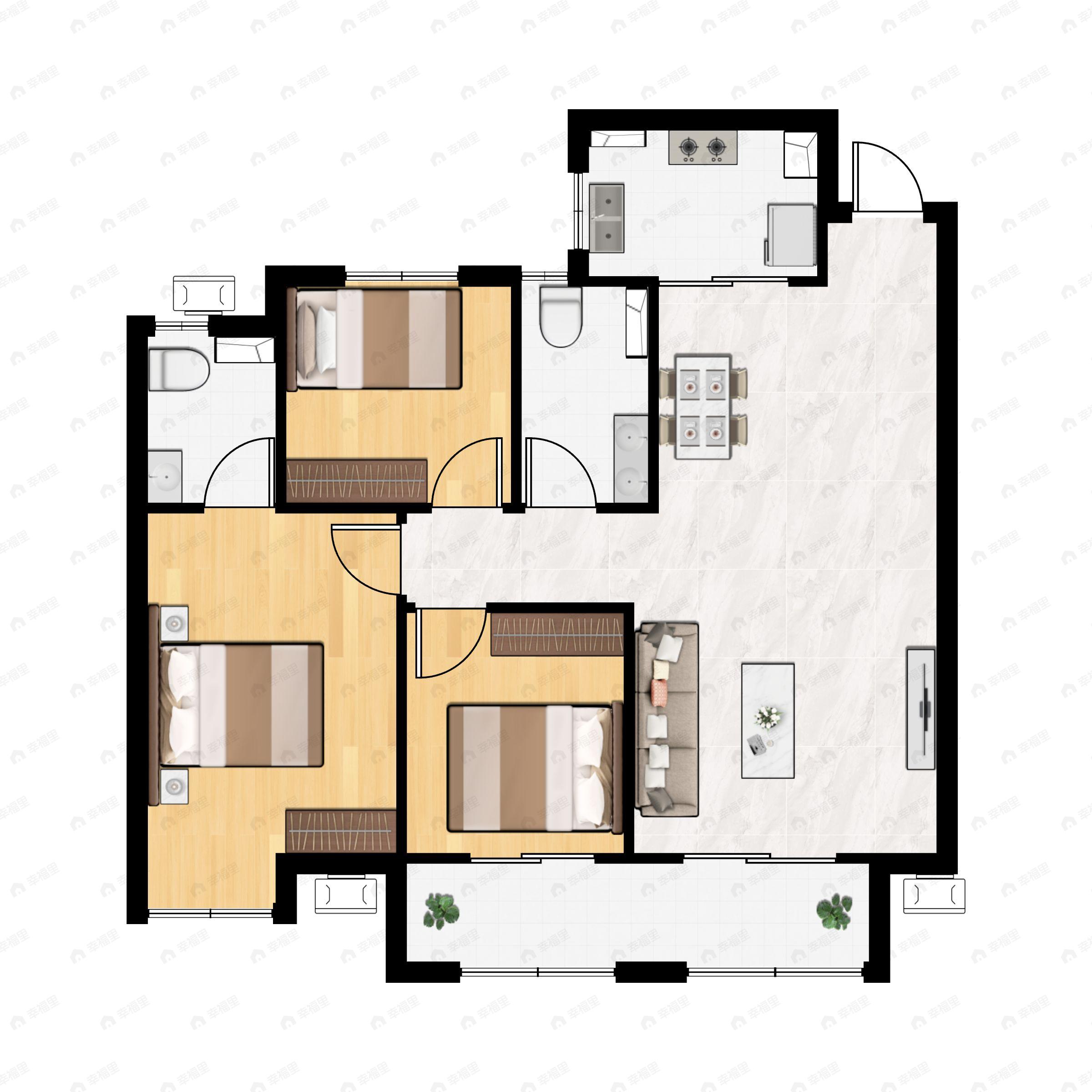 3室2厅2卫建面102平户型图