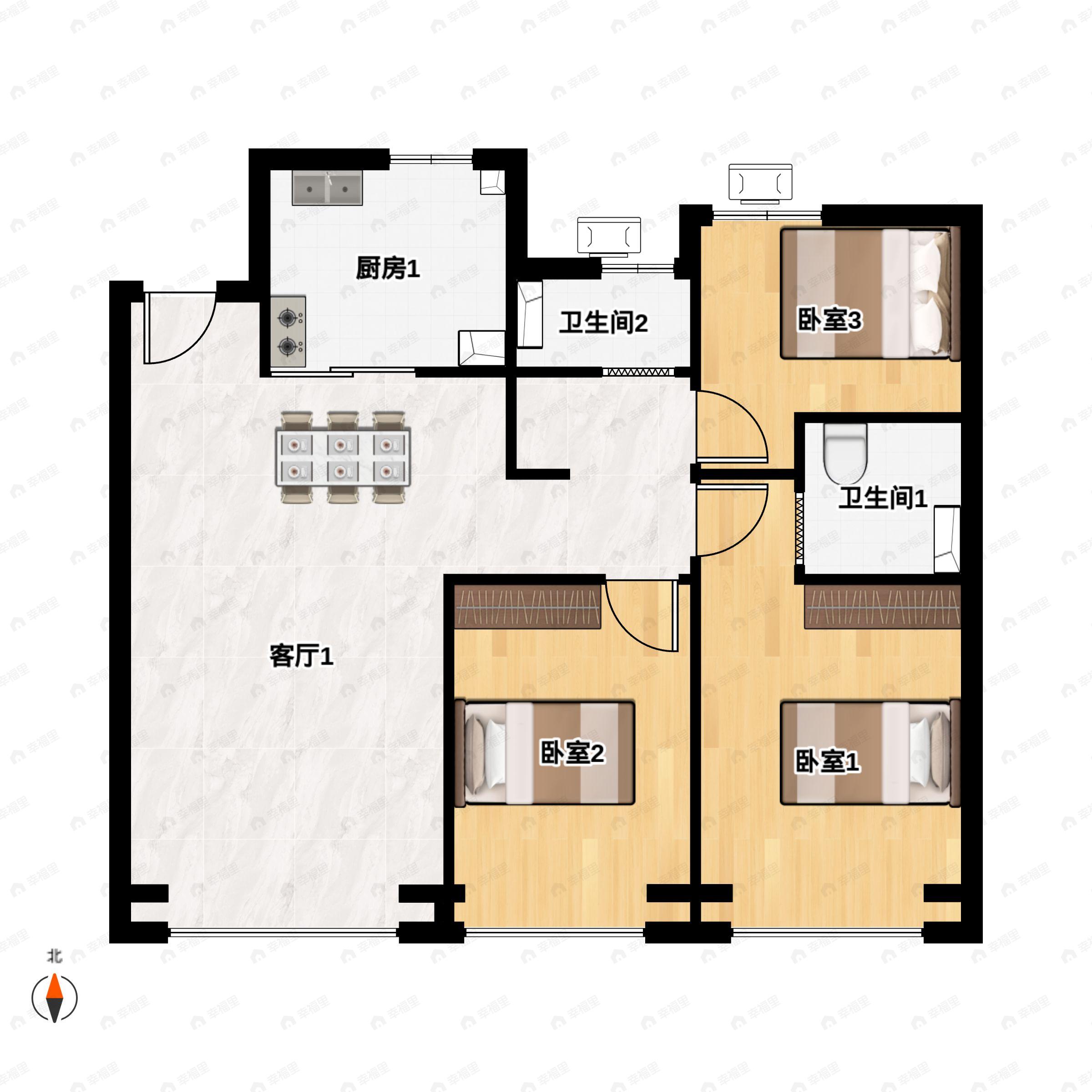 3室2厅2卫建面88平户型图