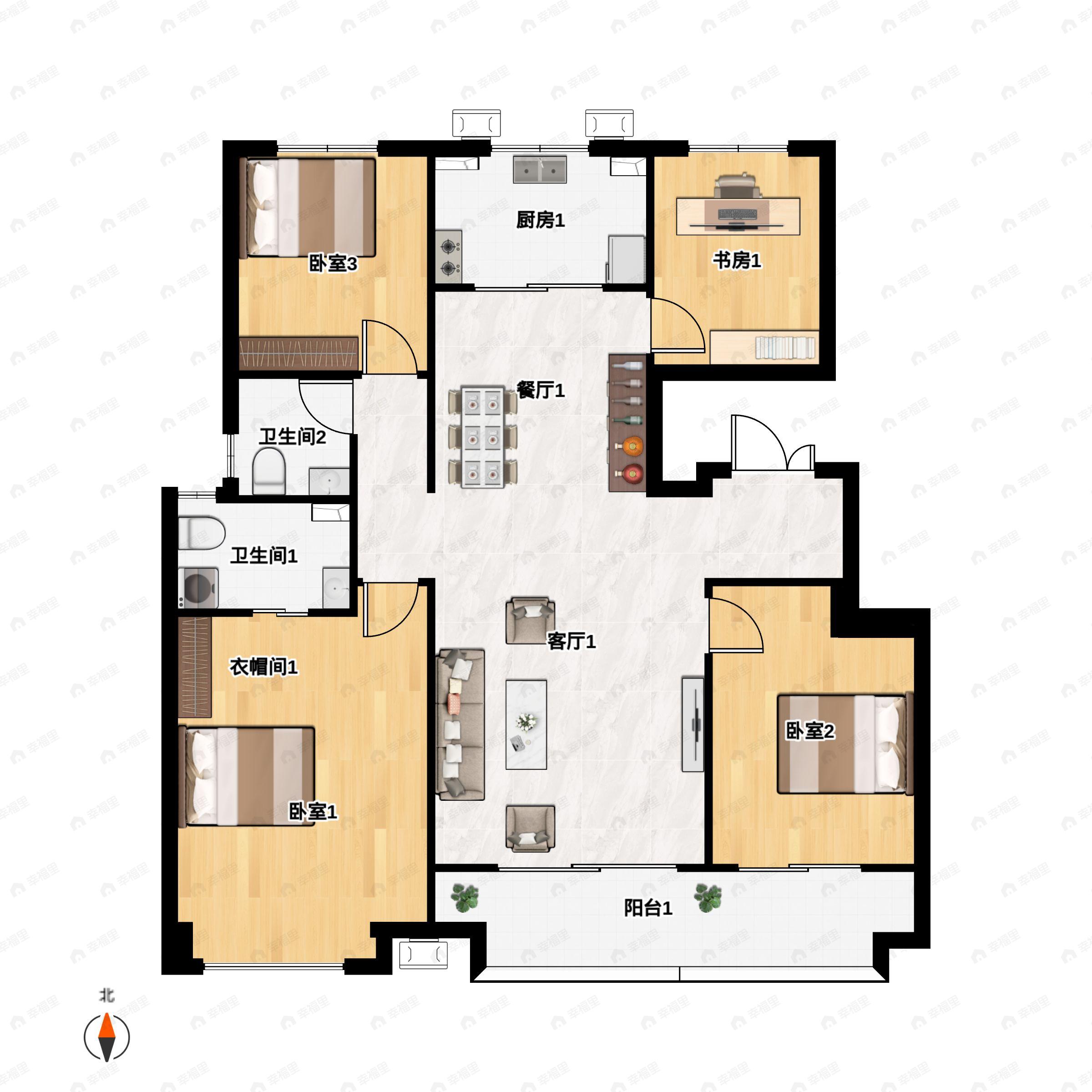 4室2厅2卫建面130平北|南户型图